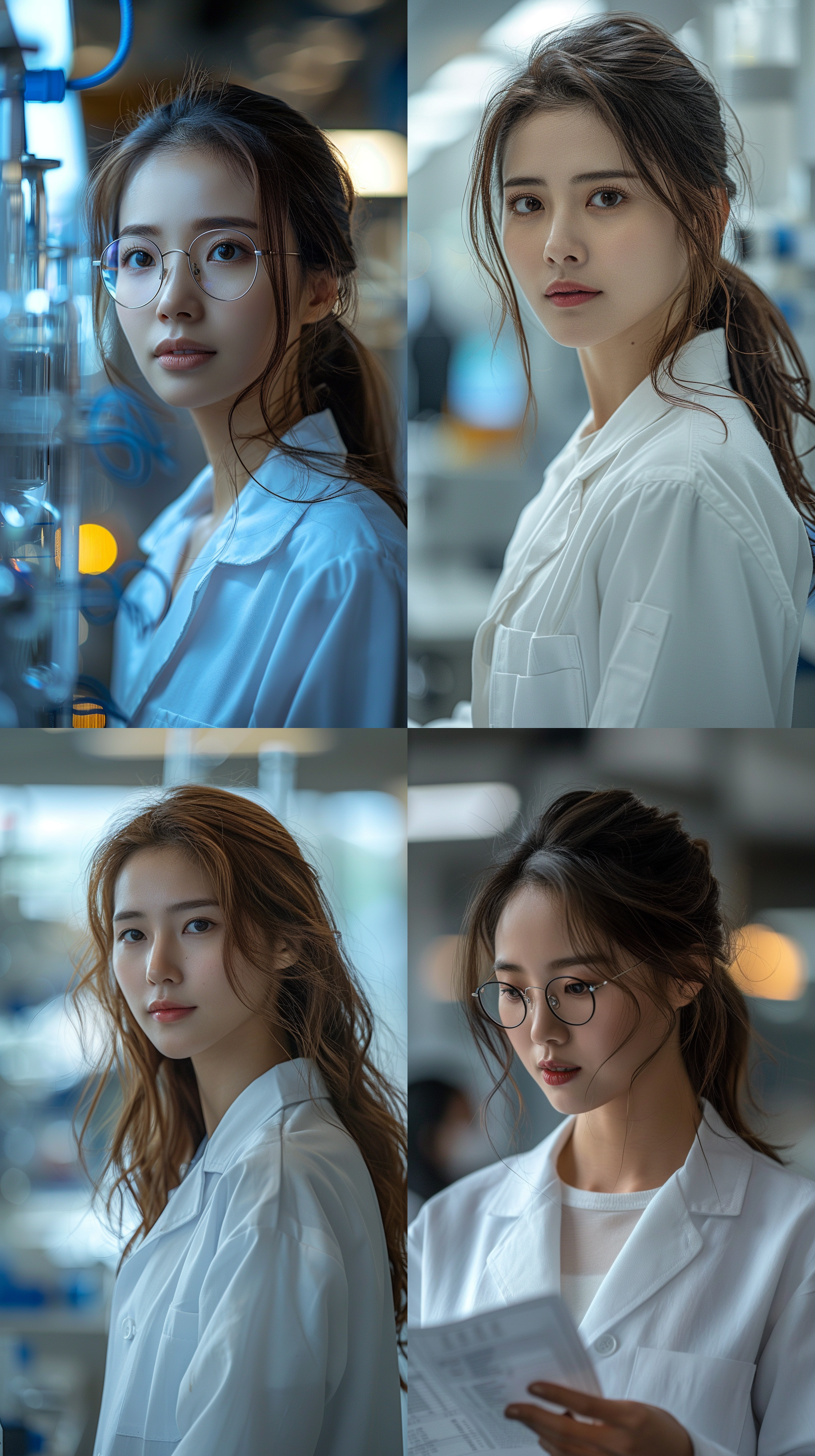 中国女性科学家在实验室，专注记录数据，全身照，现代实验室环境，白色实验服，长焦镜头，清晰细节，冷静色调，科学氛围，柔和光线，专注表情。