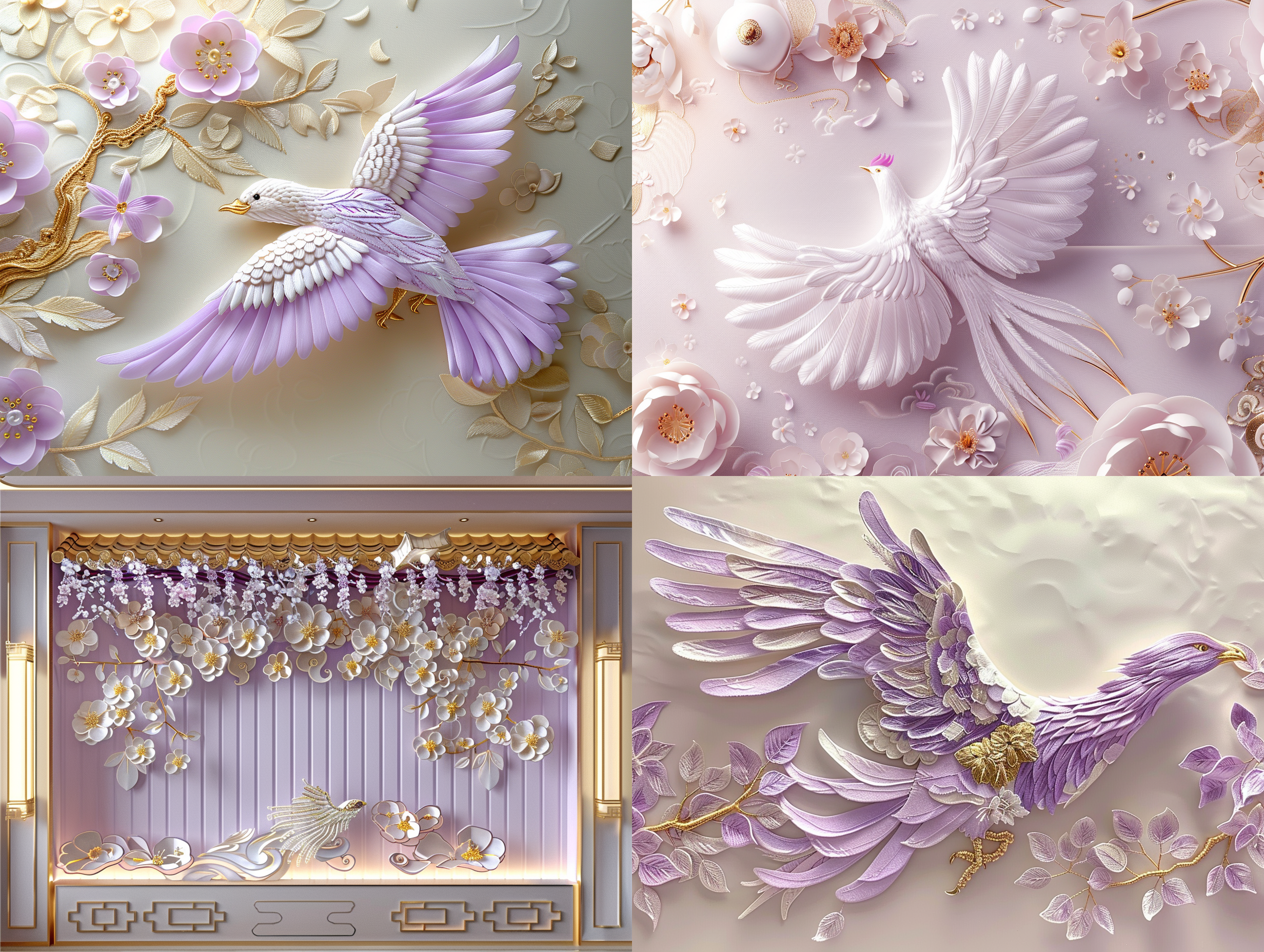 苏绣凤凰，园林背景，中国山水画风，凤凰空中翱翔，构图简洁留白，色彩淡雅低饱和，斋藤一，苏绣，边界画法，中式亭台，大面积米色背景，点缀绿黄，金色装饰，低对比度，低角度拍摄，陈家泠，张大千，艺术水墨，细节丰富，48k，超高清质量。