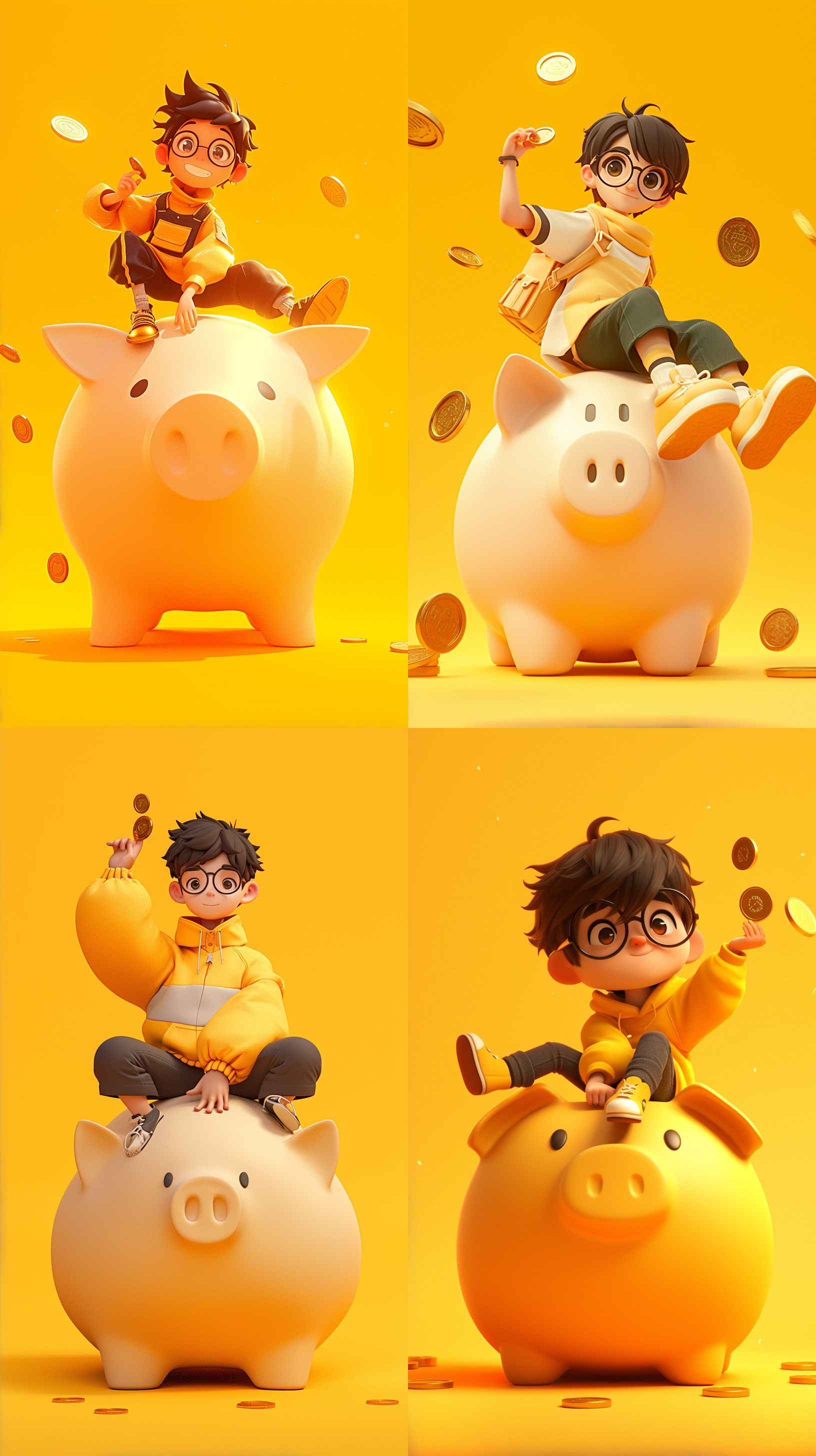 黑色头发，黄色衣服，可爱的男孩，手里拿着金币，在巨大的存钱罐上，动感姿势，戴眼镜，黄色背景前，详细的角色设计，全身可见，卡通ip风格，动感十足。配色柔和，采用3d建模软件c4d制作，使用超高品质ultra hd 8k分辨率，水果元素, 卡通ip风格, 科技感, 水果蔬菜装饰, 水果武器, 视图, 3d建模, c4d, ultra hd 8k, 皮克斯动画.