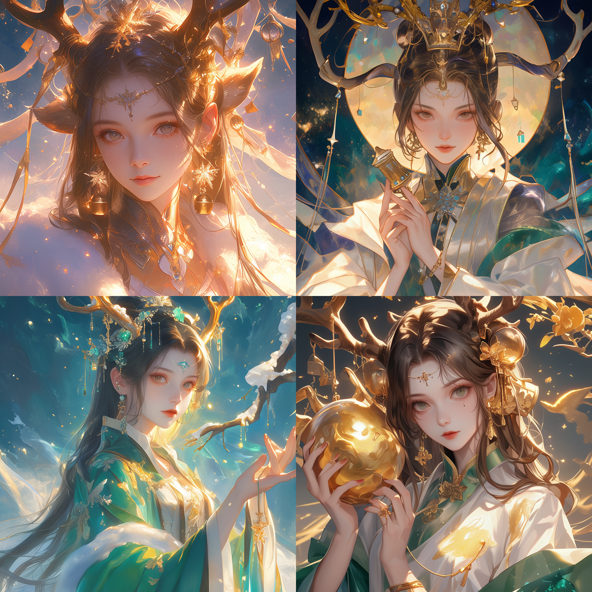 年轻女孩肖像，古代华丽服饰，星座主题，天界鹿女，绿绮琴，神秘气质，银河背景，精致写实，受黄光启发，雪国女王形象，手持铃铛，美丽中性，ai公主，漫画风格，自然星光点缀。