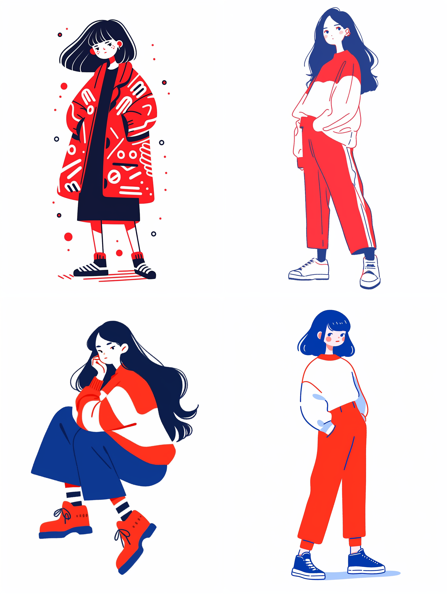 a portrait of girl,sketch, in the style of dark red and indigo,doodle in the style of keith haring,simplified line work,memphis style, full body, white background, charming character illustrations,solid colors, simple details, minimalist,minimal art,flat illustration