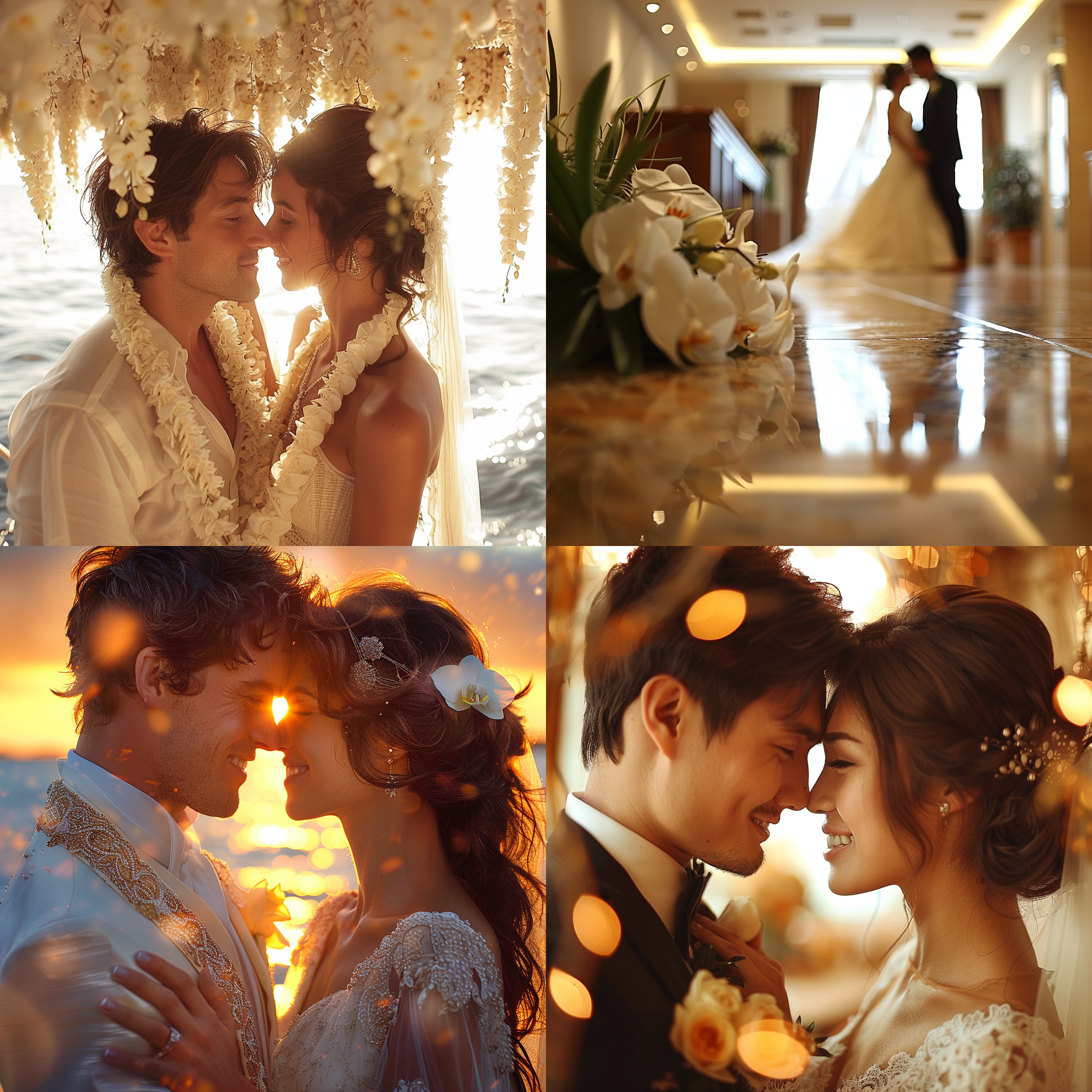 婚礼场景，白色蝴蝶兰装饰，新婚夫妇，商业摄影，大光圈，浅景深，柔和自然光，蝴蝶兰花海背景，浪漫氛围，长焦镜头，细节丰富，色彩饱和，幸福感。