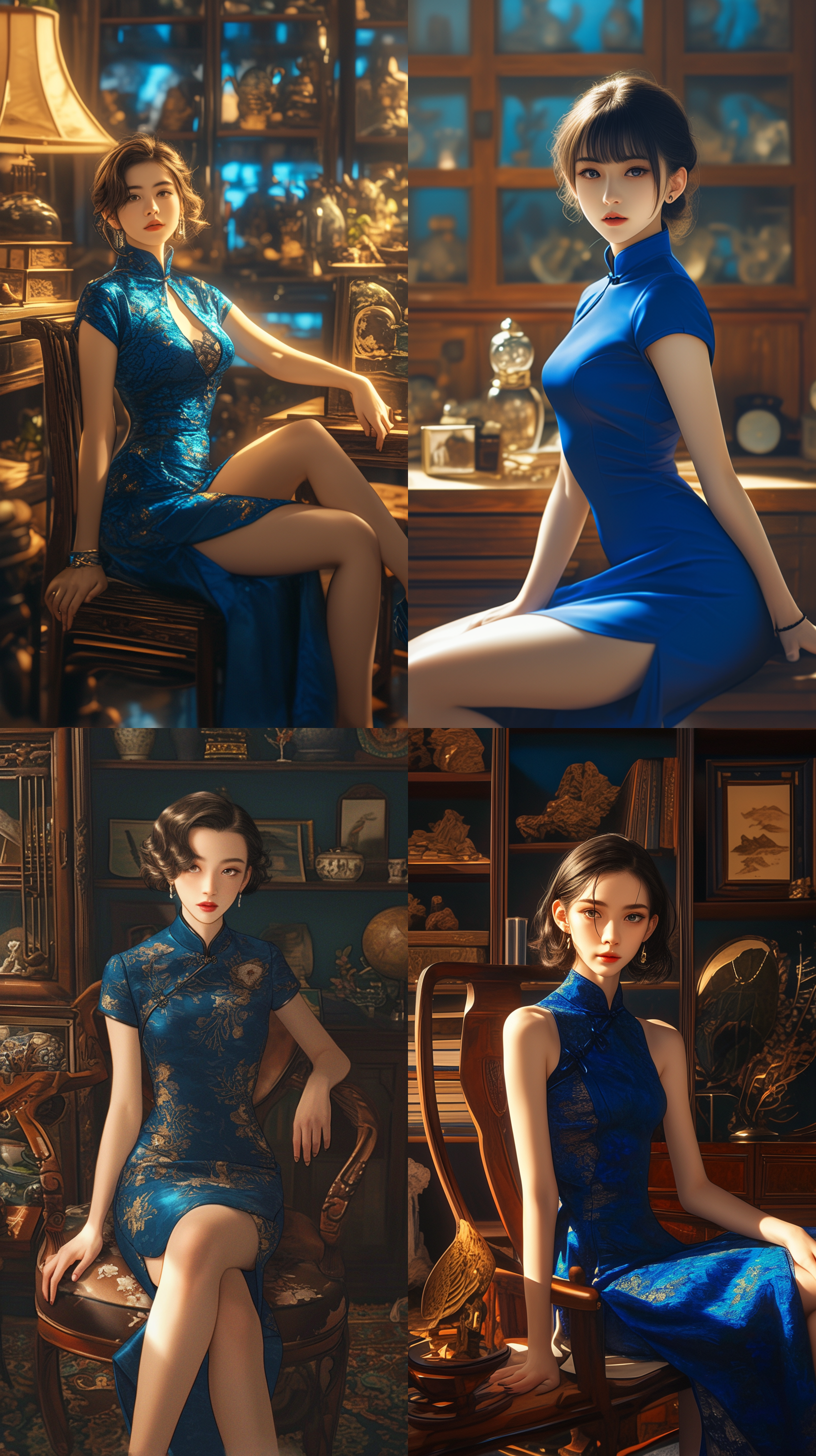 东亚美女穿宝蓝色旗袍坐姿全身，五官精致，室内光线，背景书架收藏品展柜，照片质感注重细节，32k画质，中焦镜头，细腻风格，柔和光线，深色调，静态美。