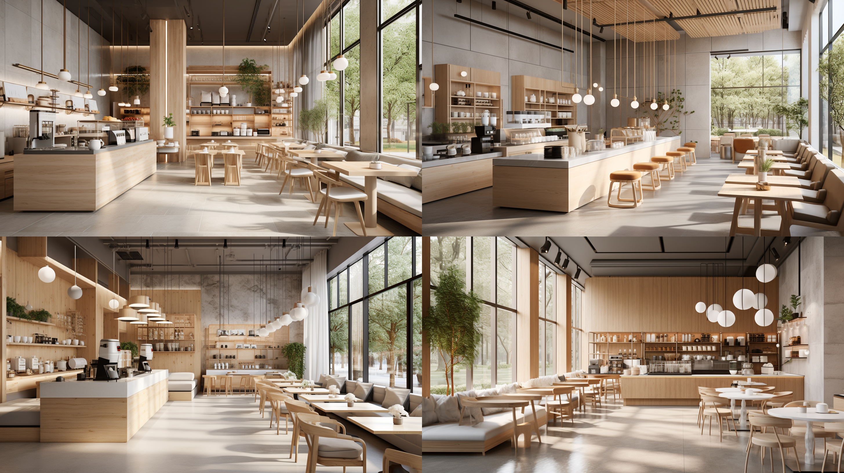 一个中国的奶茶店，70平米，横平竖直，诧寂风格，中性色，低饱和度，墙面和地面微水泥材料，广角镜头，自然光，布艺家具