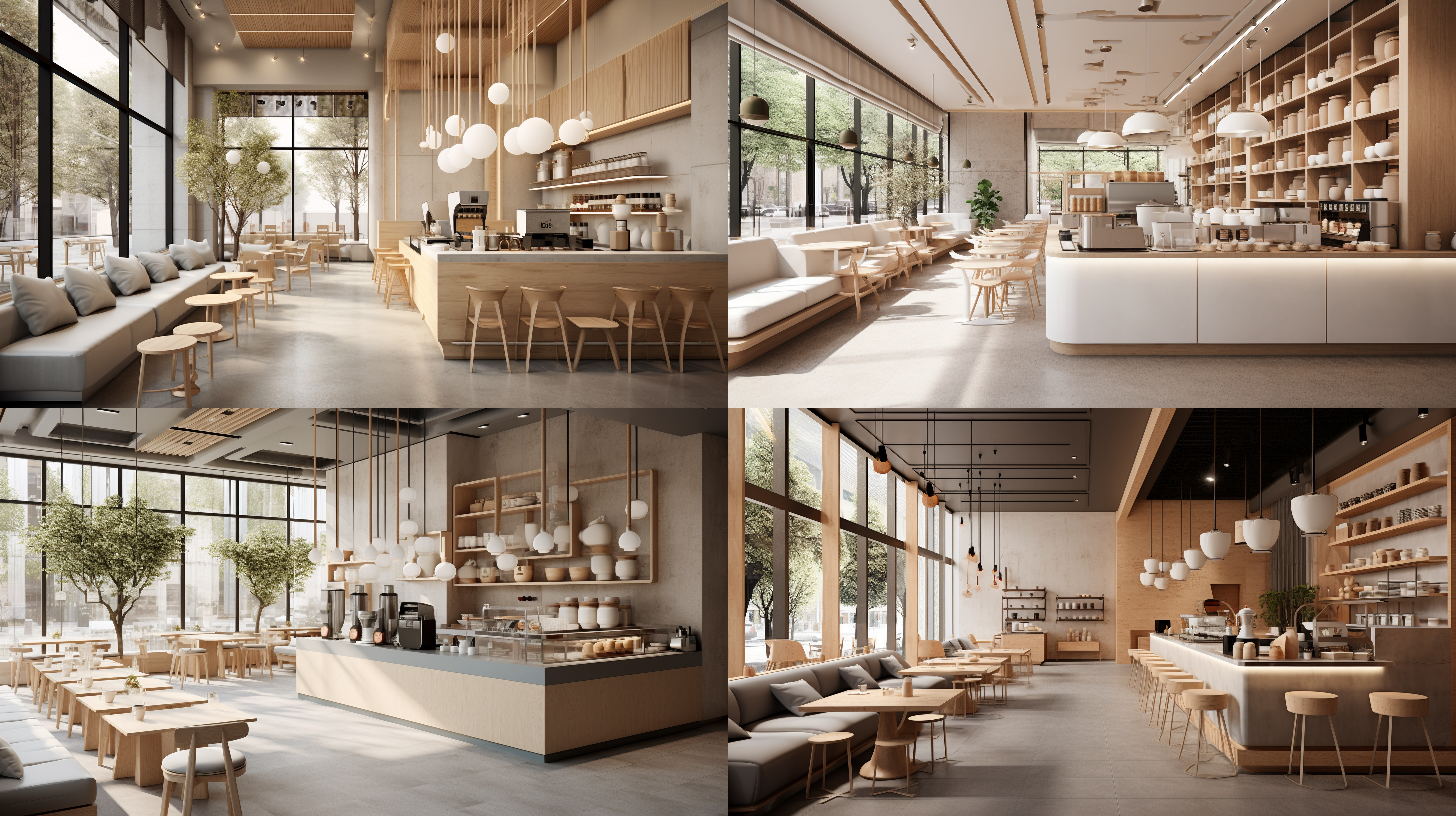 一个中国的奶茶店，70平米，横平竖直，诧寂风格，中性色，低饱和度，墙面和地面微水泥材料，广角镜头，自然光，布艺家具