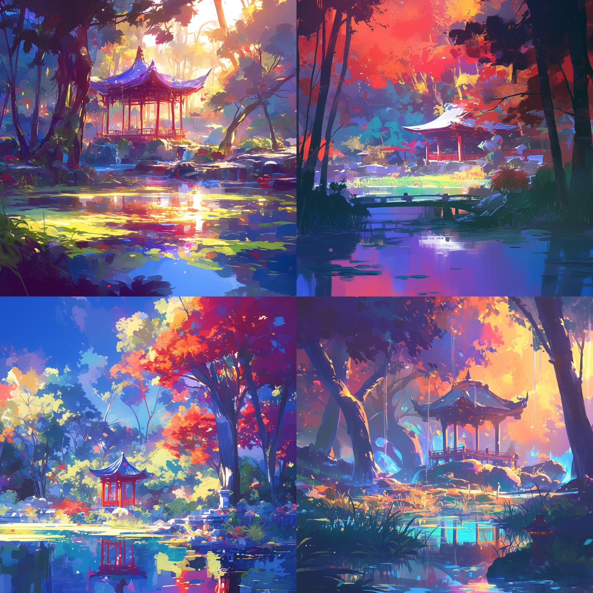 彩色树林，五颜六色树干，中式亭子右侧，草地水面中景，色彩鲜艳，光线柔和，自然风光，长焦镜头，低角度，侧光，宁静，和谐。