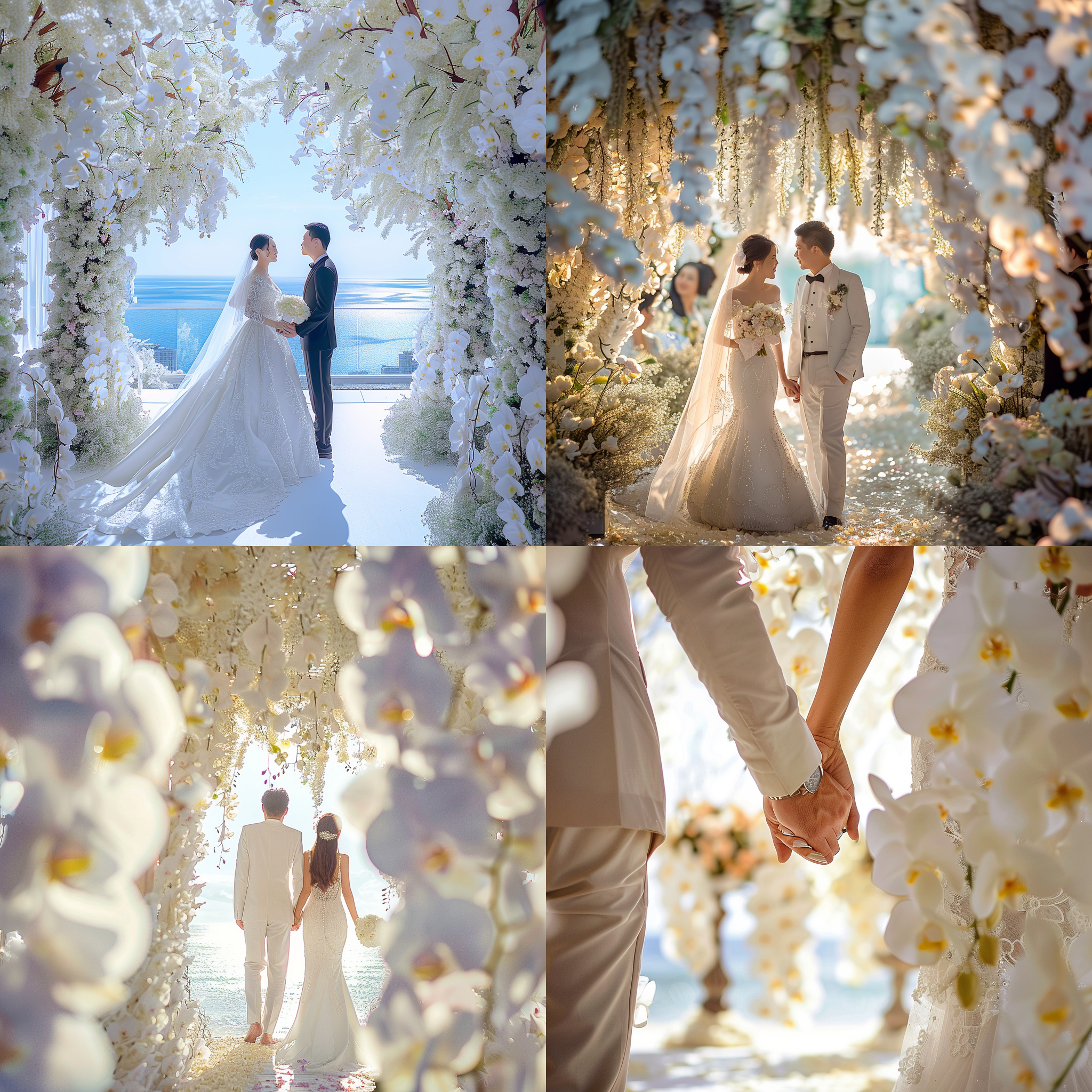婚礼场景，白色蝴蝶兰装饰，新婚夫妇手牵手，商业摄影，大光圈，浅景深，柔和自然光，蝴蝶兰花海背景，浪漫氛围，长焦镜头，细节丰富，色彩饱和，幸福感。