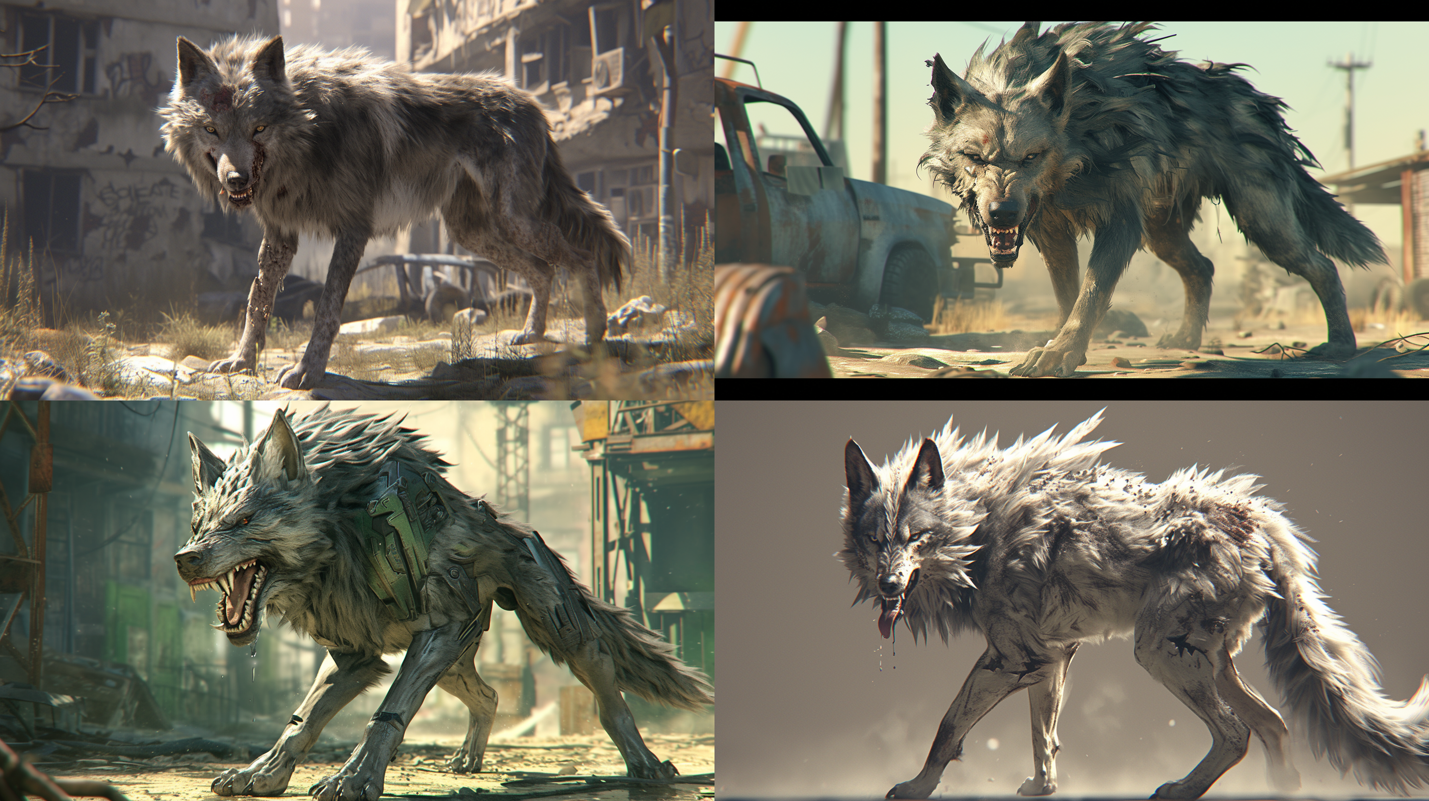 全身，斗志激扬的银色毛发荒原狼，四肢站立，露出尖尖的獠牙，凶戾的眼神，留着口水，ip设计，盲盒玩具，末日都市背景，3d渲染，最佳质量，4k，超级细节