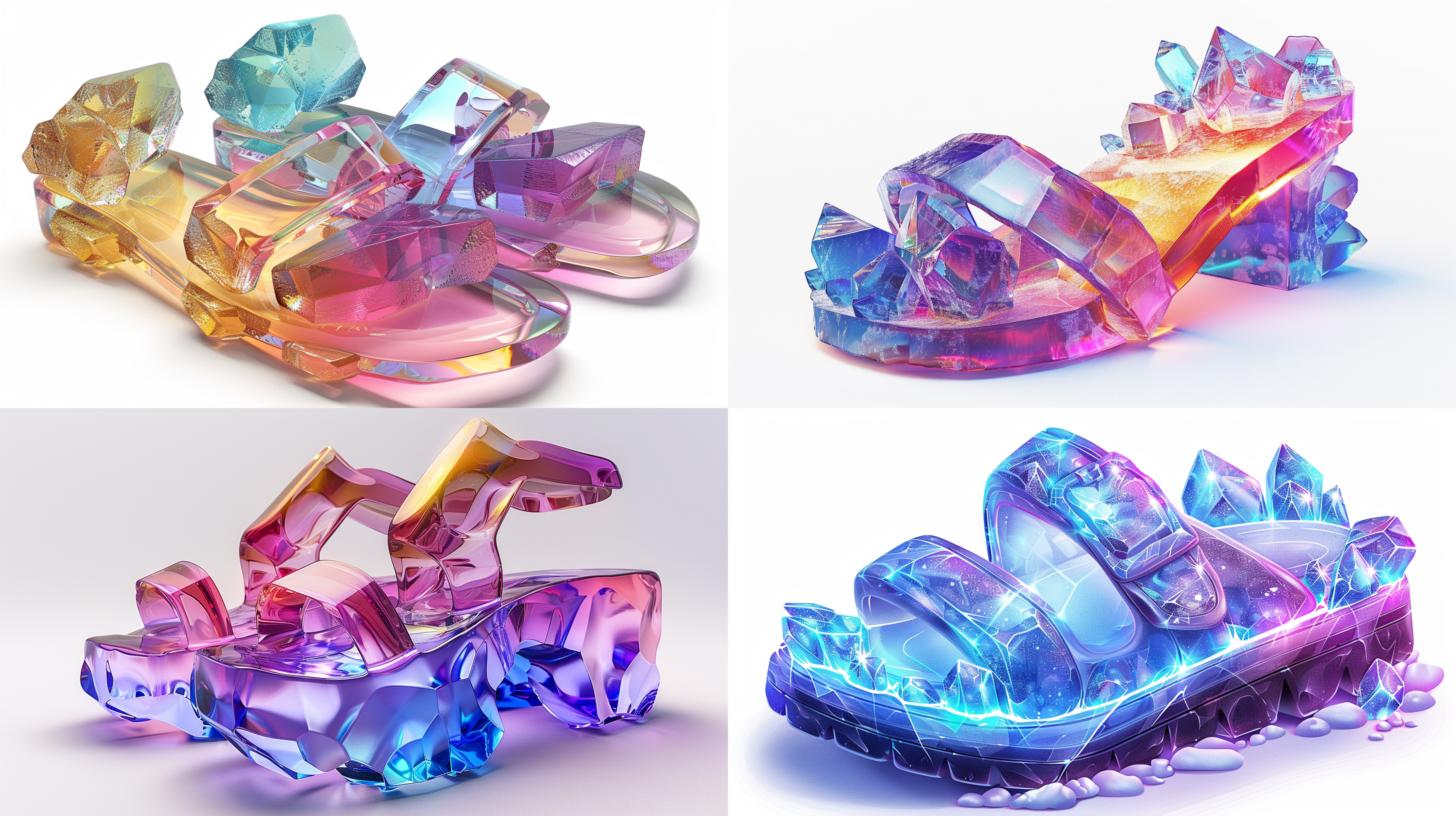 crystal sandal icon design, gradient colored glass structure, pure white background, natural light illumination, semi-transparent texture, dreamy atmosphere, fine crystal texture, cartoon style, glowing edges, simplified details, aurora punk elements, minimalist composition, digital illustration, c4d rendering, 3d blender creation, studio lighting, high definition, oc renderer, 8k resolution.