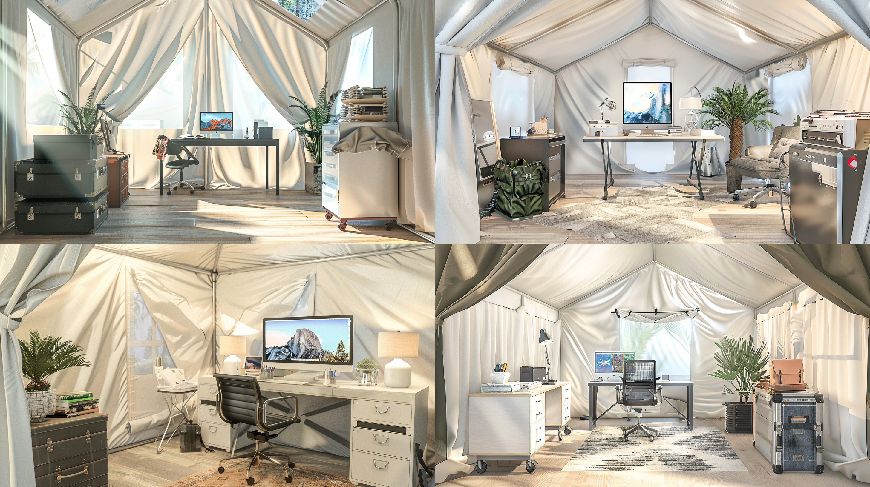 帐篷内，工作环境，有办公桌，电脑等，正视视角，侧面构图，4k，高分辨率，真实细节，暖色调，色彩清新可爱，真实风格 摄影纪实 正视