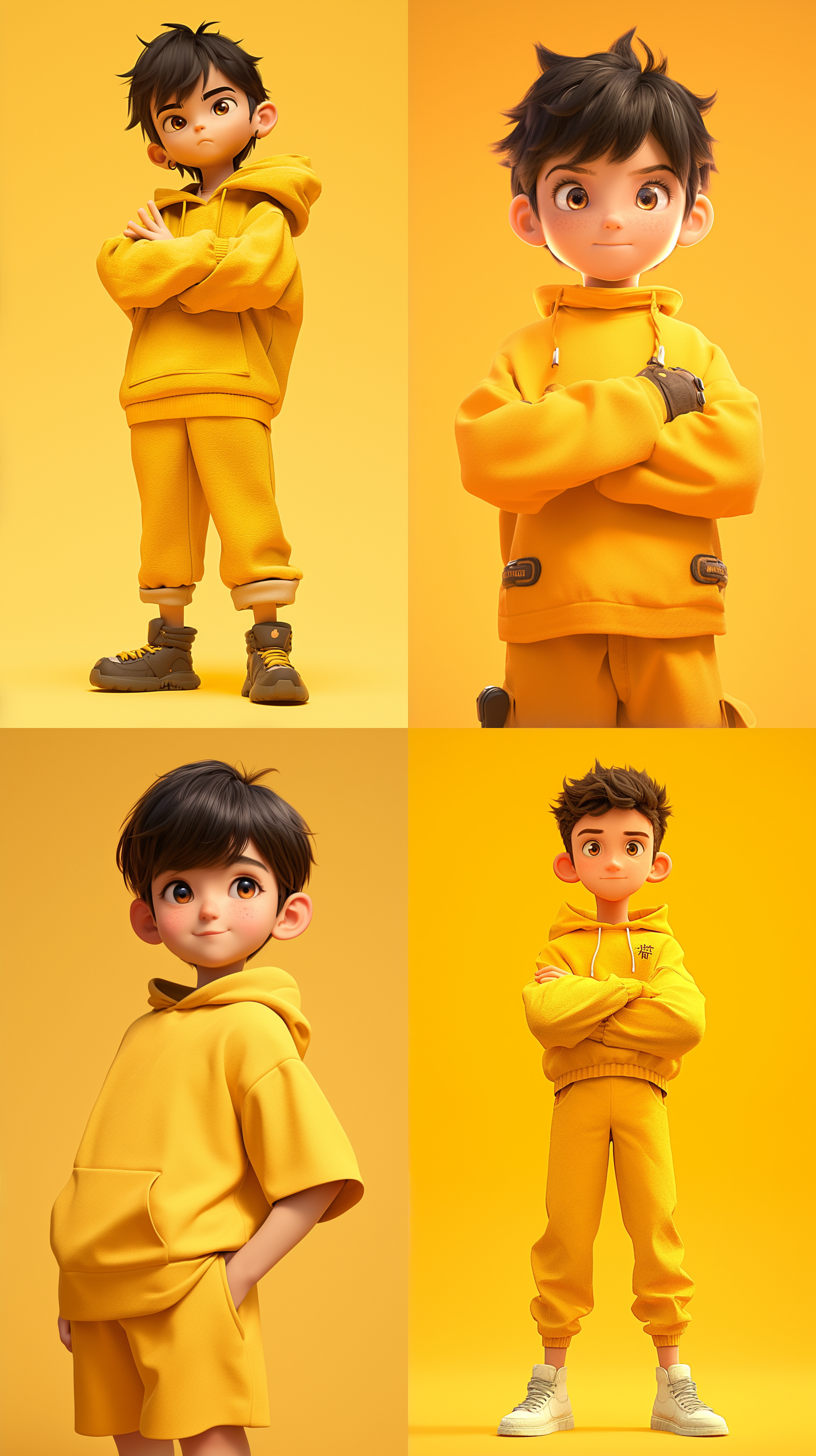 黑色头发，黄色衣服，可爱的男孩，黄色背景前，详细的角色设计，全身可见，卡通ip风格，动感十足。配色柔和，背景为工作室灯光octane render渲染的纯净背景。采用3d建模软件c4d制作，使用超高品质ultra hd 8k分辨率，宛如皮克斯动画般精美。 水果元素, 卡通ip风格, 科技感, 水果蔬菜装饰, 水果武器, 视图, 3d建模, c4d, ultra hd 8k, 皮克斯动画.