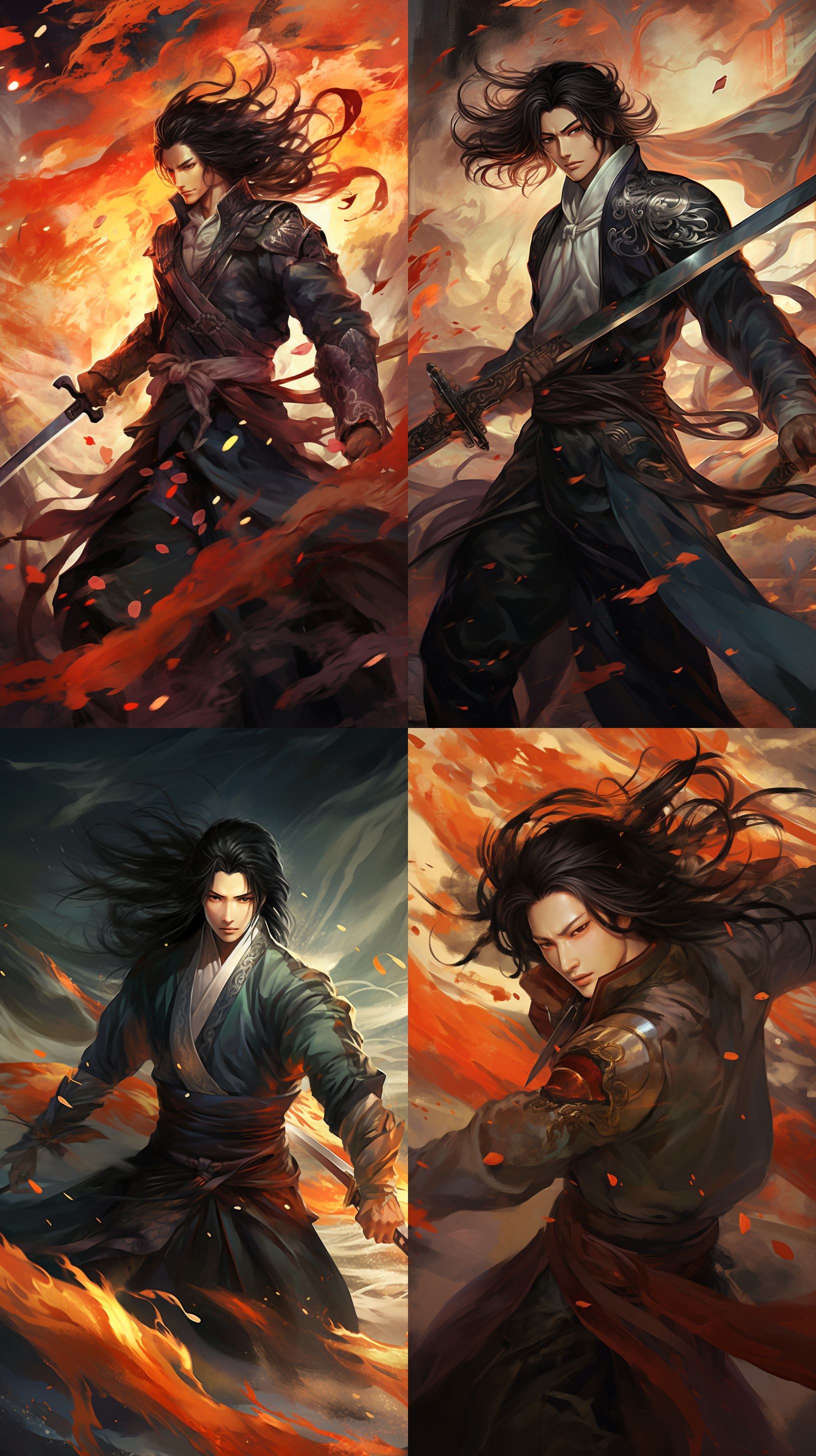 古风男子，长发黑发，动漫风格横幅插画，汉服，挥剑，中国古代元素背景，神秘氛围，高饱和色彩，锐利线条，动态捕捉，侧光，广角镜头，戏剧性构图，专注表情。