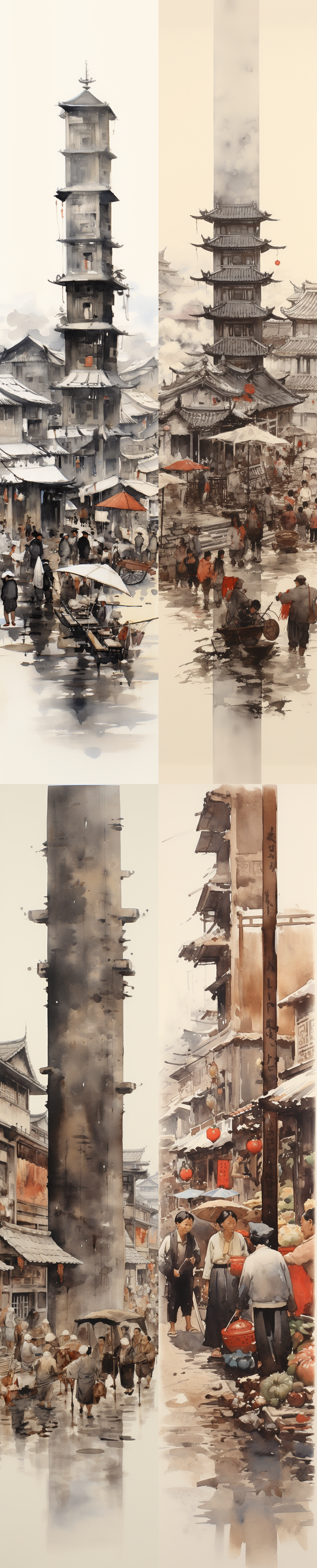 中国画，水墨画，集市，市集，繁华，中国水墨画