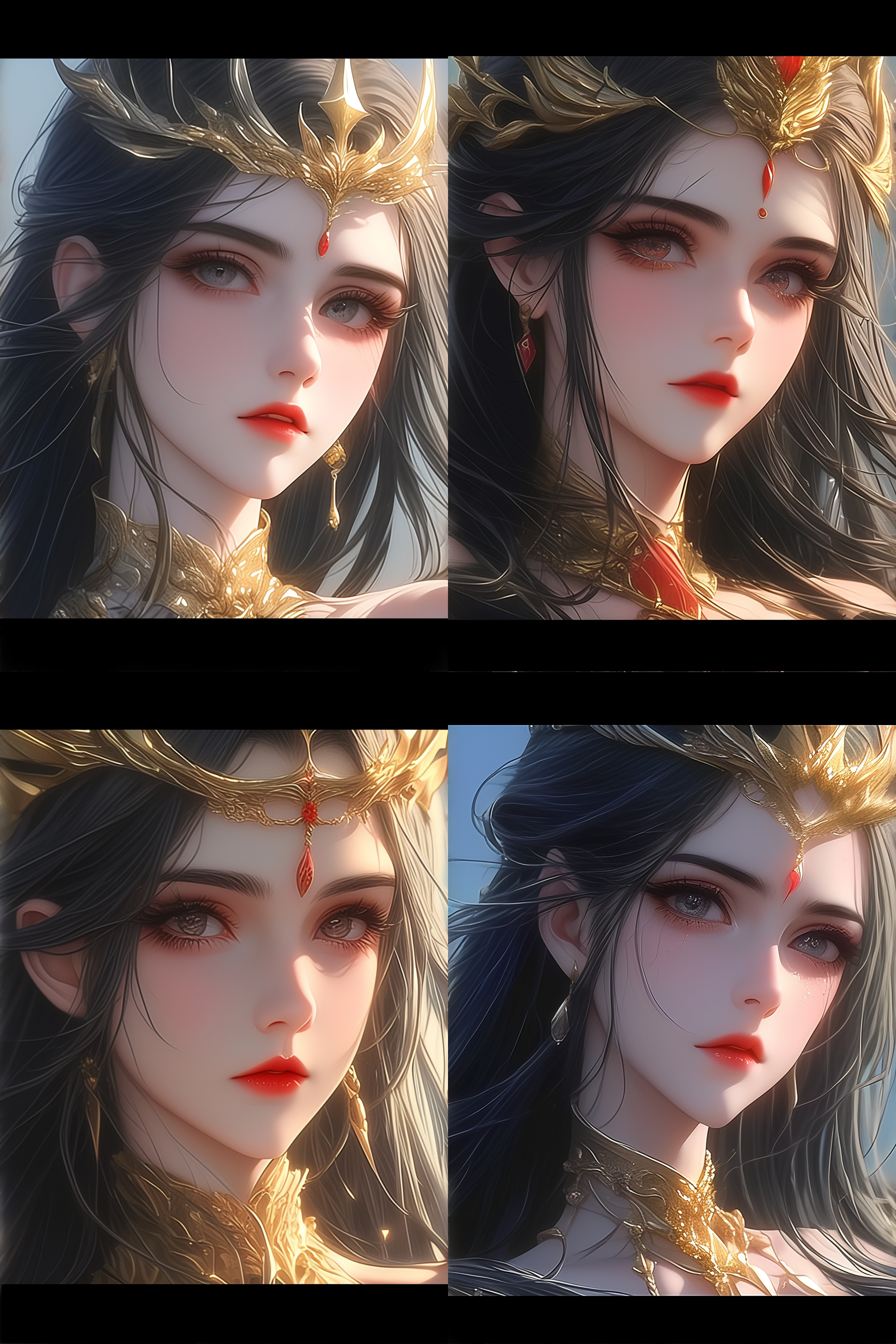 细腻动漫cg艺术，皇家女性，红唇精致面容，ulzzang风格，神秘女武神，奇幻4k画质，蝴蝶结与战斧元素，灵感源自黄光剑，海洋女王，湿婆神形象，华城风格，柔和光线，冷暖色调对比，细节丰富，表情庄重，动态优雅。