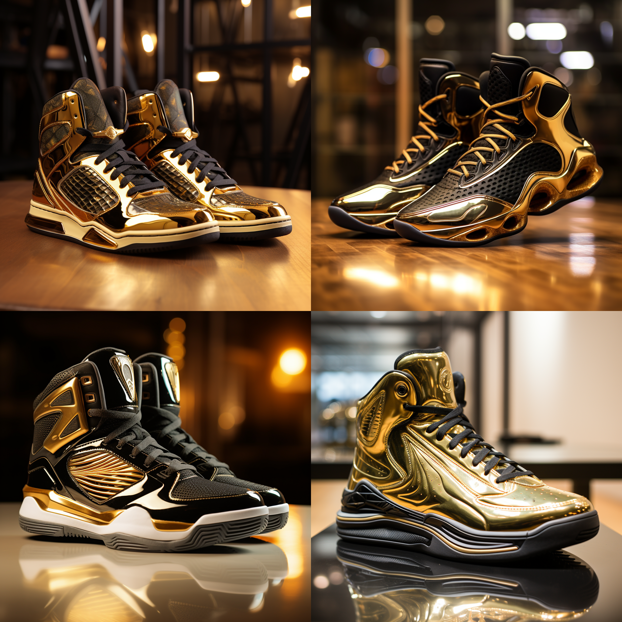 设计师篮球鞋，时尚设计，金黑风格，酷炫，明亮，高帮设计，超高清，特写镜头，放置在鞋架上，设计师名为吴宇熙，金属质感，反光效果，细节丰富，现代感，运动风，时尚焦点。