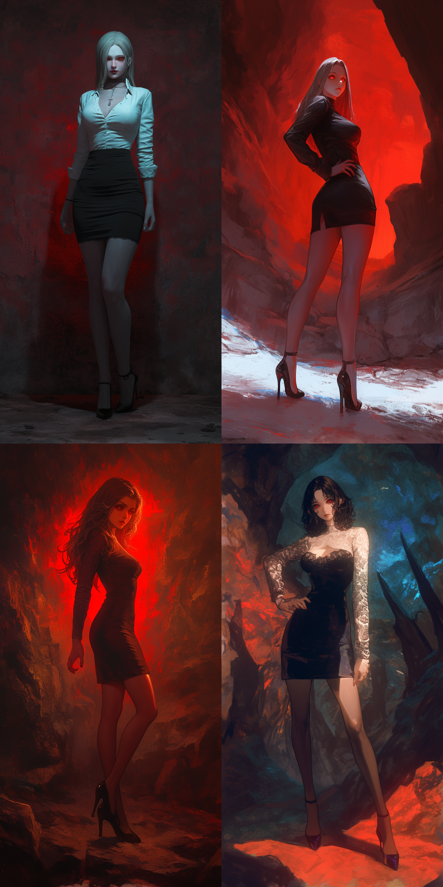 一位薄短裙美女，站姿，高跟鞋，全身图，五官精致，邪恶表情，眼中有邪恶的红光，阴暗场景，背景为黑暗神秘洞窟，压抑感，克苏鲁风格，低色彩饱和度，照片质感，昏暗光线，诡异氛围，注重细节