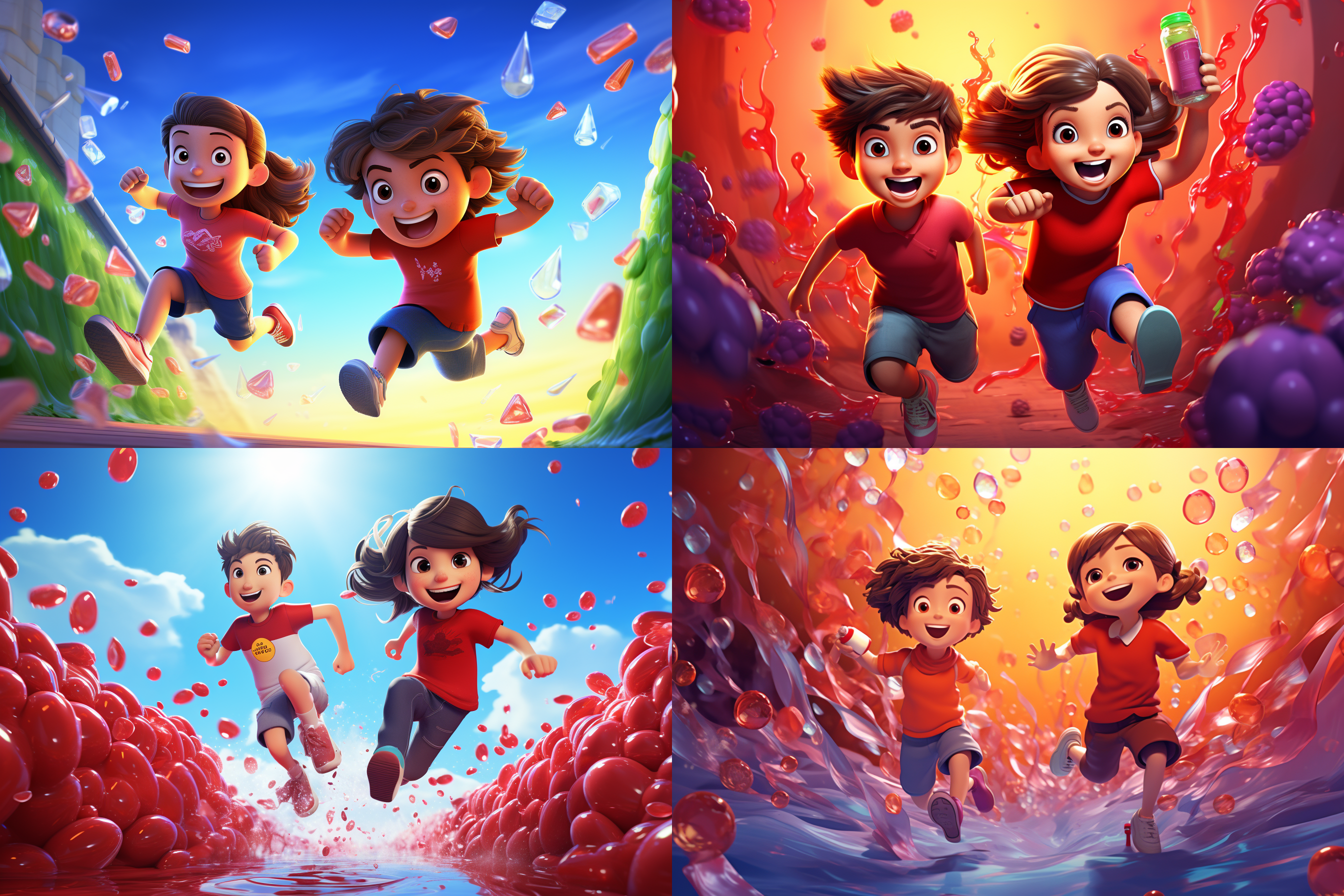 3d卡通游戏场景，透明塑料瓶装满杨梅汁，杨梅飞溅，小男孩小女孩奔跑，红色背景，干净背景，皮克斯动画风格，夸张形状色彩，夸张动作，艺术站热门，高分辨率，动态捕捉，鲜艳色彩，活泼表情。
