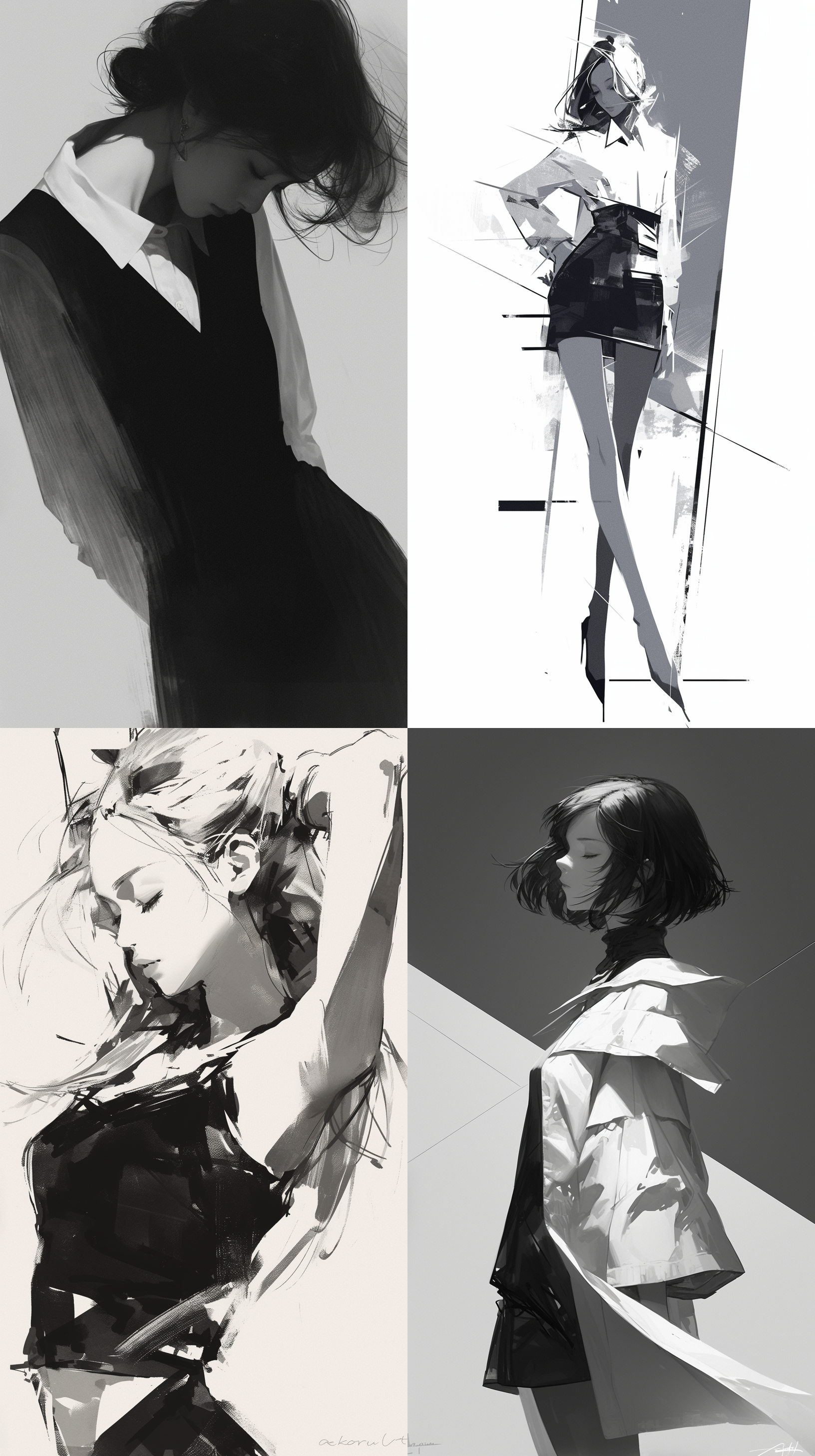 简约线条::1，描绘女性姿态的柔美，黑白灰调，朦胧风格，动态捕捉，低饱和度，长焦镜头，柔美感，艺术氛围