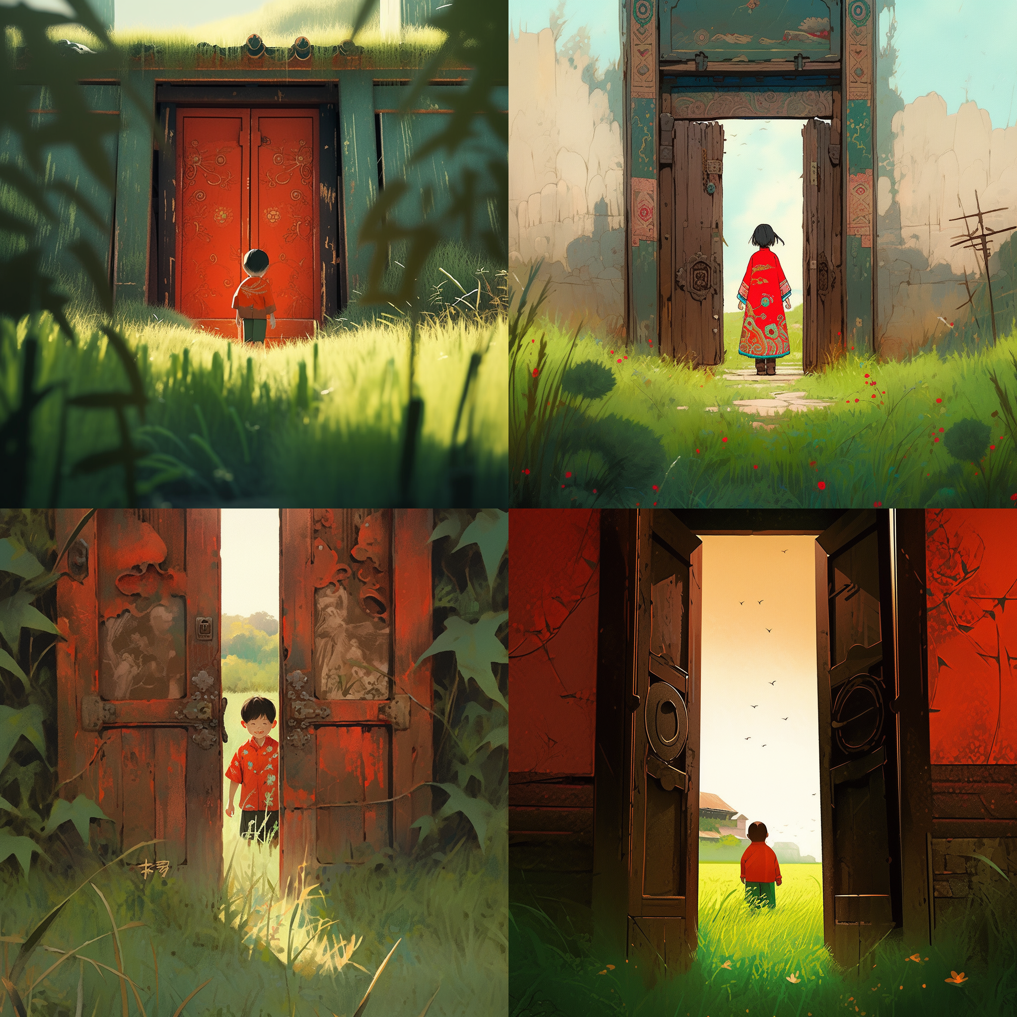 中式复古大门敞开，小孩凝视门外战场，门内绿草如茵，对称构图，暖色调，长焦镜头，侧光，低角度，静谧，好奇。