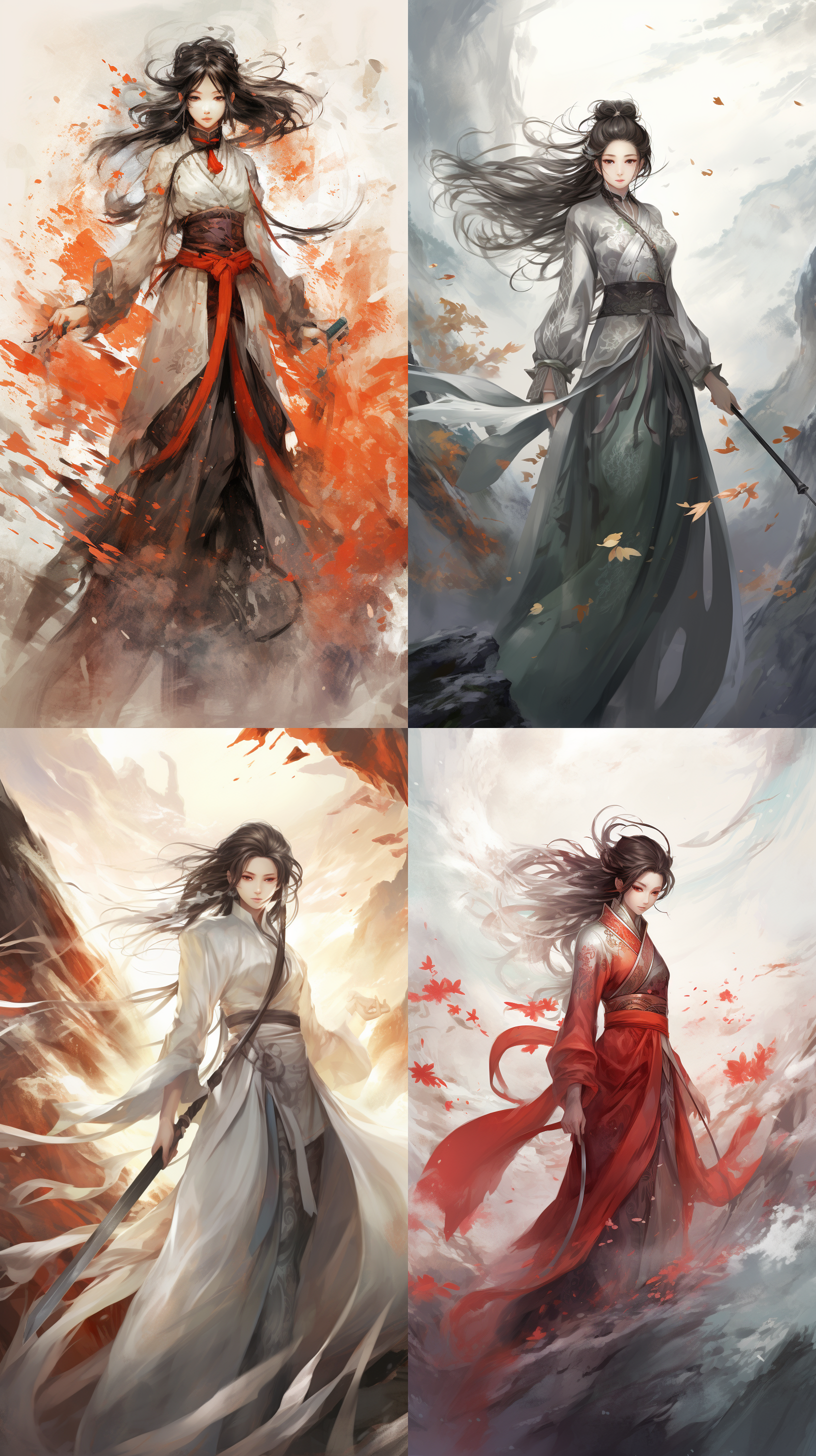 横会动漫风格插画，横幅展示，汉服装扮，挥剑动作，中国古代元素背景，神秘氛围，水墨画风，柔和光线，长焦镜头，静态构图，深色调，专注表情。