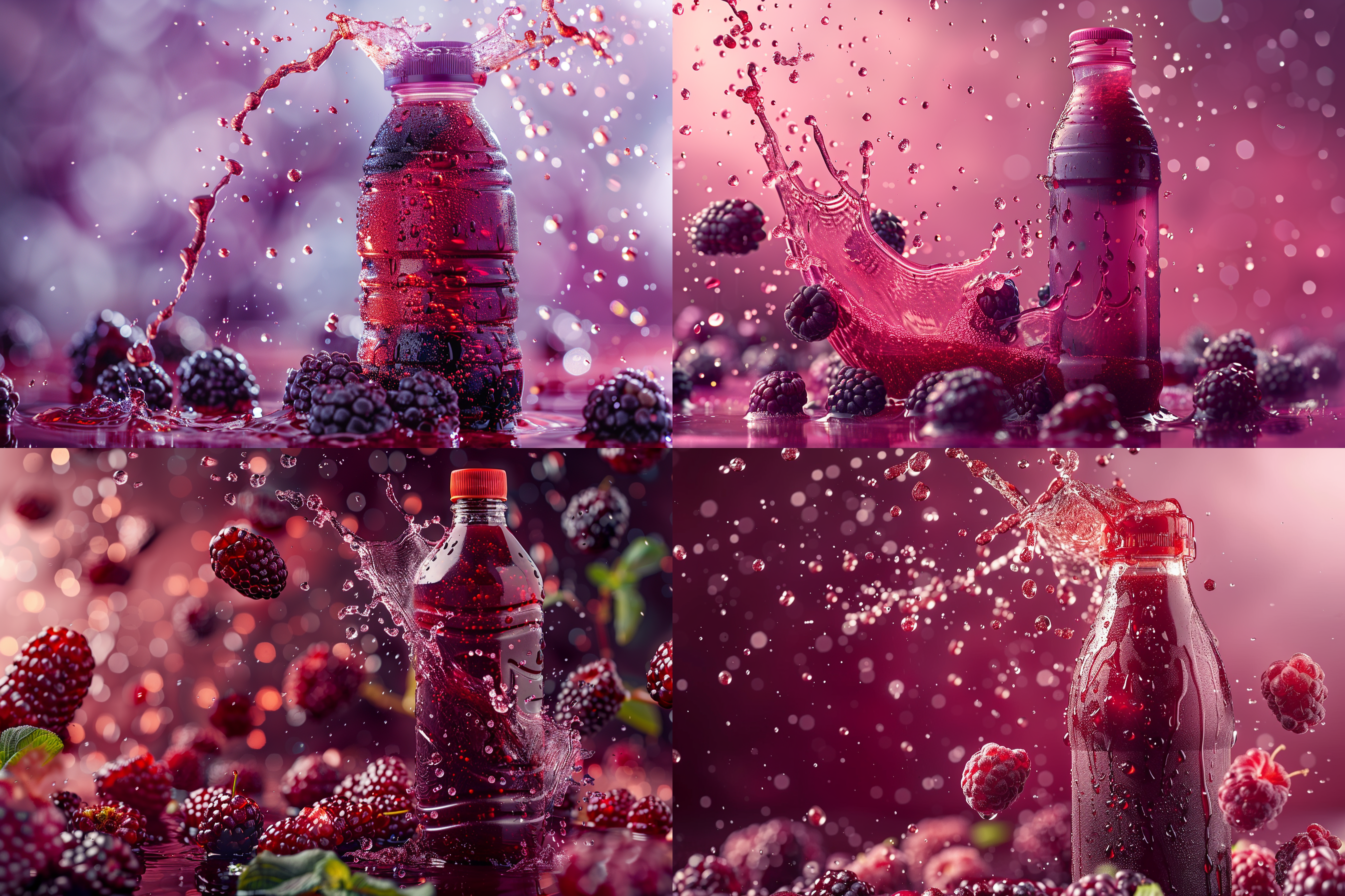 电商配图场景，透明塑料瓶装满深红色杨梅汁，杨梅汁飞溅，皮克斯风格，夸张形状色彩，高分辨率，动态捕捉，鲜艳色彩，景物拍摄，干净背景，侧光，快速快门，活力四射。