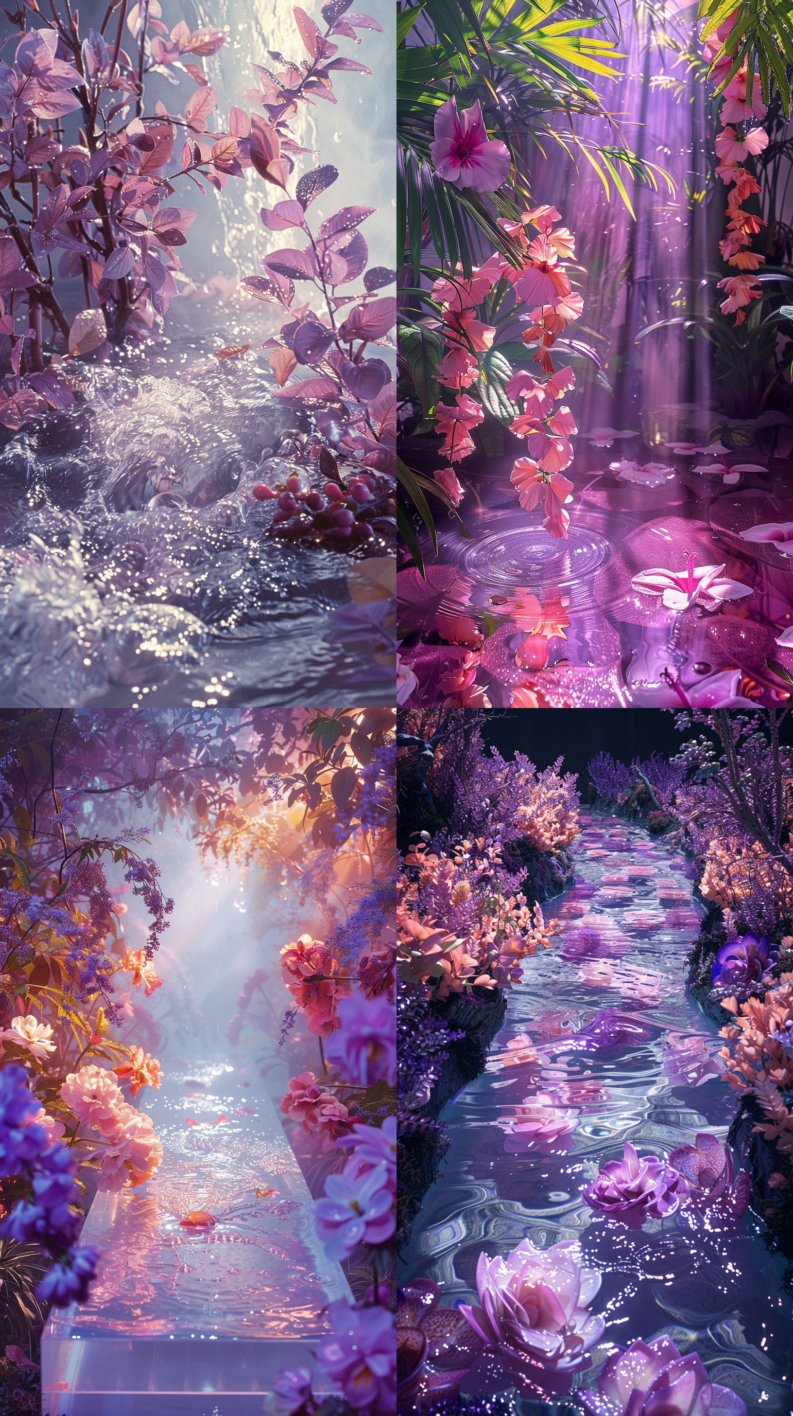 平行视角，摄影房间搭建，前景有一张有水的桌面，周围是粉紫色的植物穿插，玻璃彩纸反射光影，轻微水花溅起，氛围感，自然
