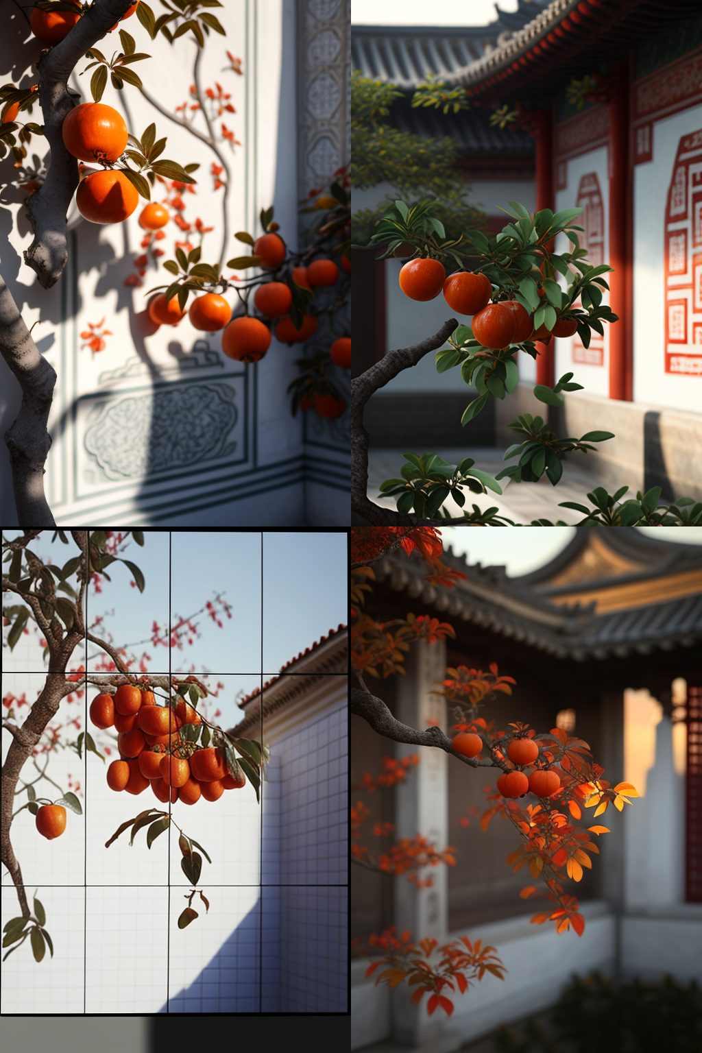 红瓦白墙，特写满树透明雪红柿子，古典园林故宫景观，清晰雪红柿子，宁静美丽，高细节，柔和月光，柔和色彩，柔光，8k，新幸福，深细节，清晰层次，高质量，高清，新爱渲染hd