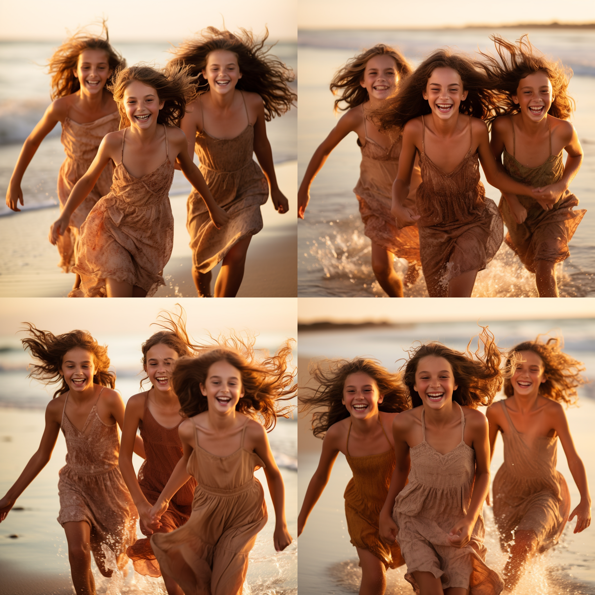 三个闺蜜在海边嬉戏，沙滩上，欢声笑语，日落时分，暖色调，长焦镜头，逆光，自然光，奔跑，拥抱，快乐。