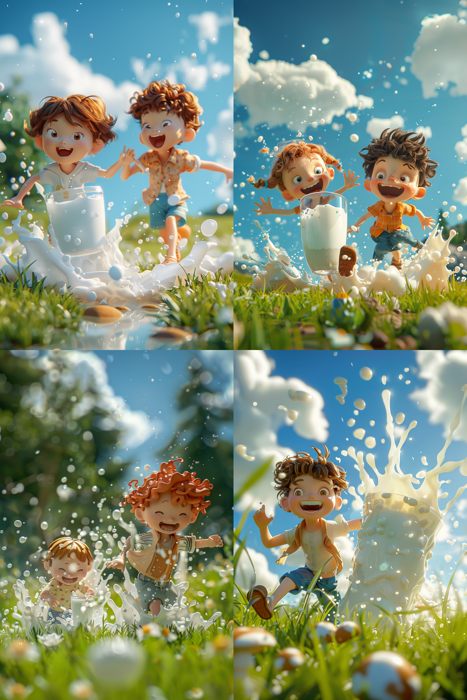 3d卡通游戏场景，装满牛奶的玻璃杯，牛奶飞溅，小男孩小女孩奔跑，绿草蓝天背景，皮克斯动画风格，夸张形状色彩，夸张动作，干净背景，艺术站热门，高分辨率，动态捕捉，鲜艳色彩，活泼表情