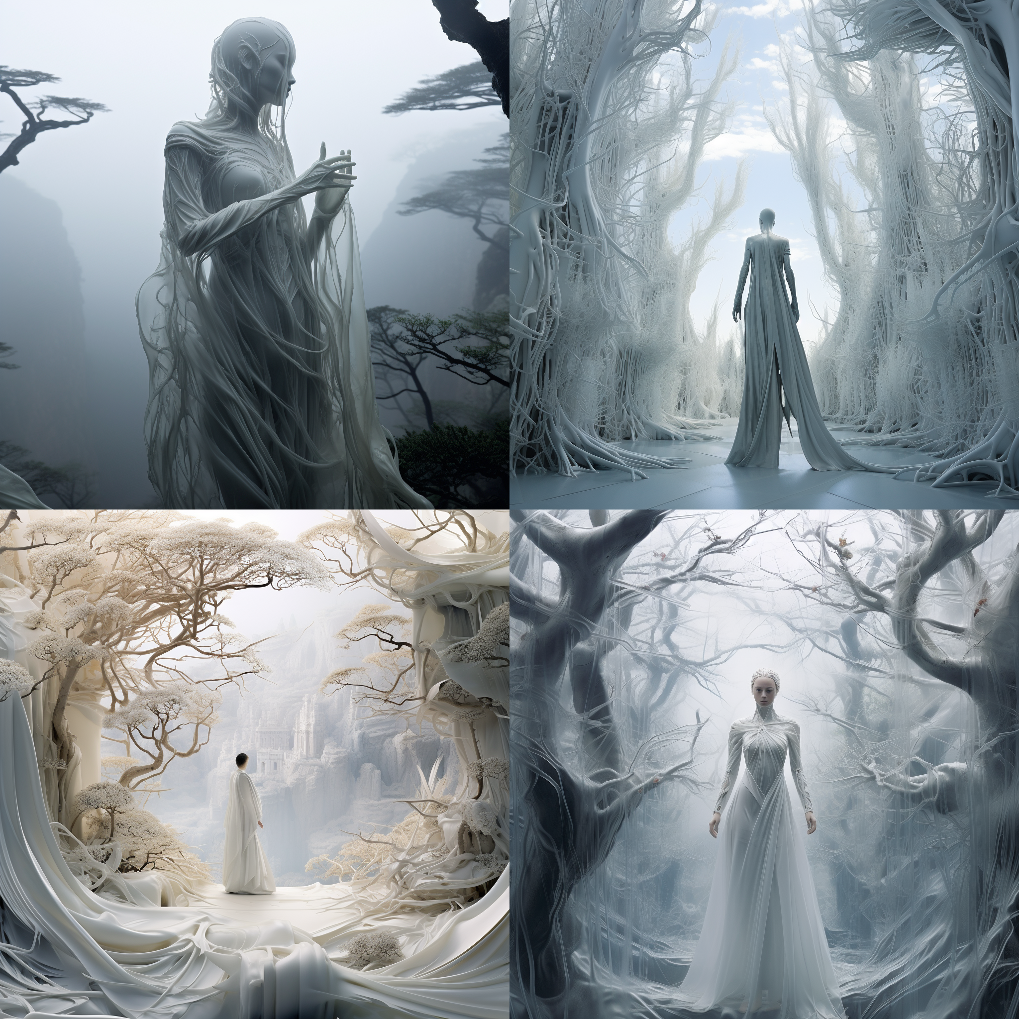 白色长袍男子登山，sou fujimoto建筑风格，zhang jingna摄影技巧，玻璃雕塑质感，扭曲树枝装饰，miwa komatsu灵性描绘，奇幻动画氛围，非对称平衡构图，高清8k画质，细腻光影处理，神秘色彩搭配，仰望表情，清冷感，长发束冠，自然光，远景，静谧。