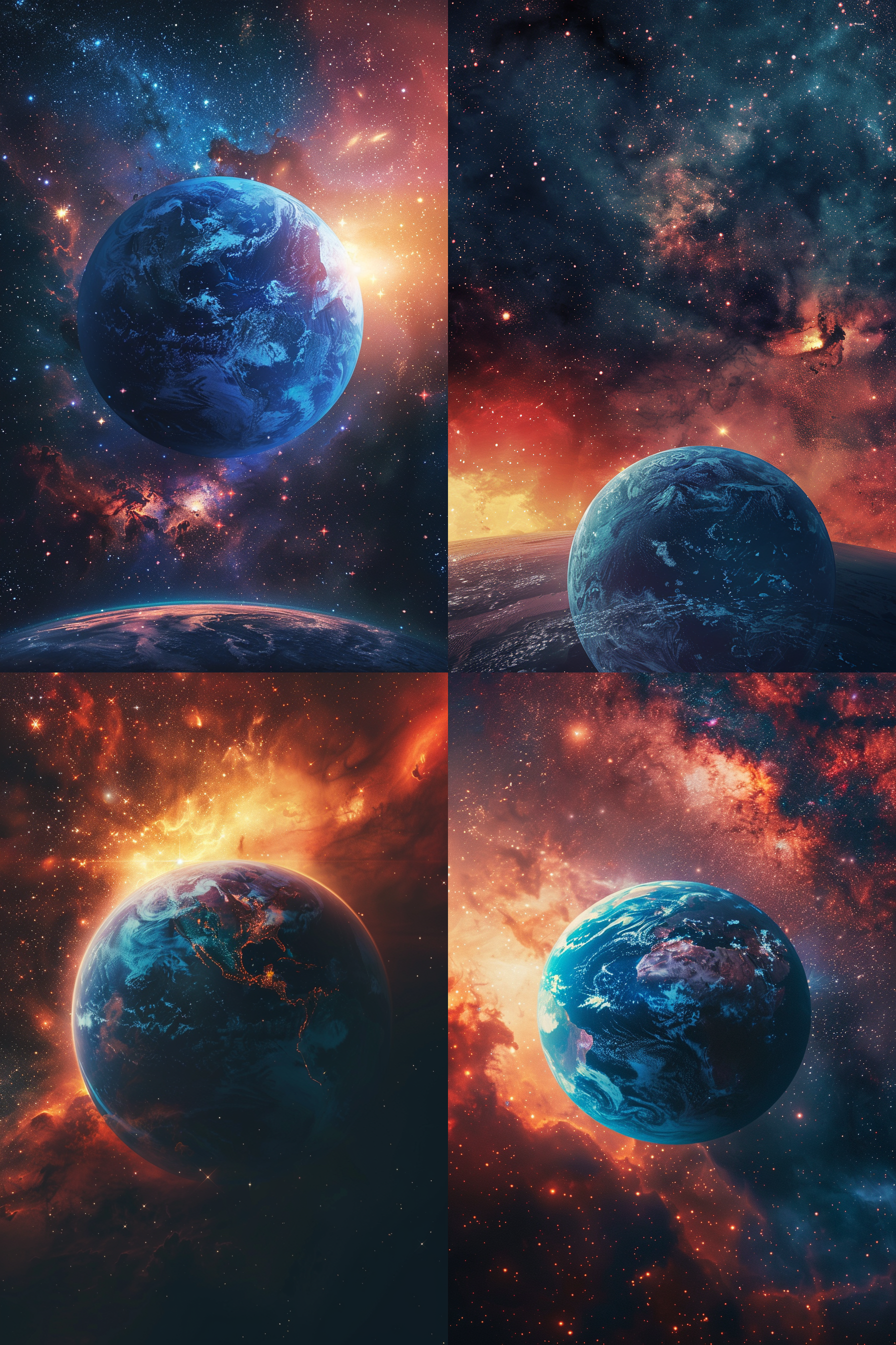 宇宙星空，蓝色行星，红色彩霞背景，行星近地面，神秘超时空感，星光点缀，色彩绚丽，梦境感，4d渲染，广角镜头，高光对比，冷暖色调交错，细节丰富，氛围神秘。