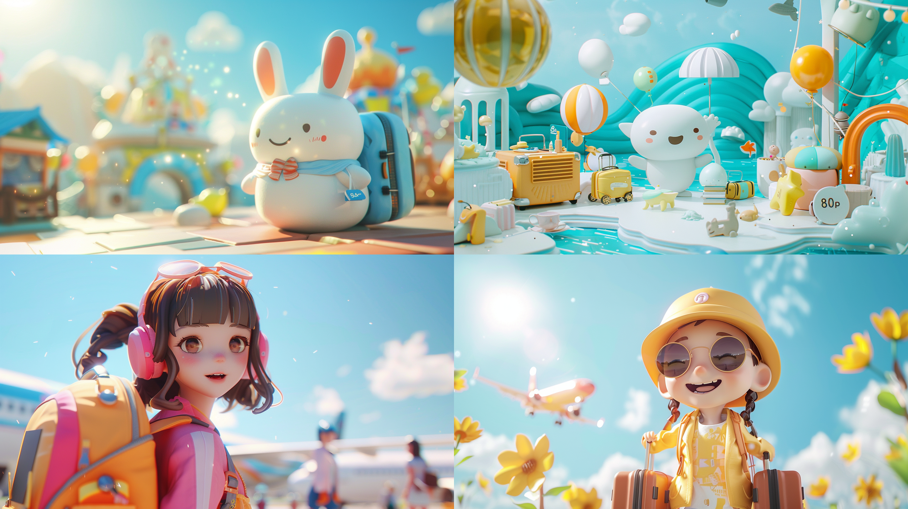 here's the translation:blind box style, pop mart, summer scenery, 3d, boeing 787, connectivity, cute, travel advertisement, nomadic, c4d, 8k, high detail, white background, studio lighting, bright colors, smiling expressions, light luggage, sunlight exposure, dynamic capture.