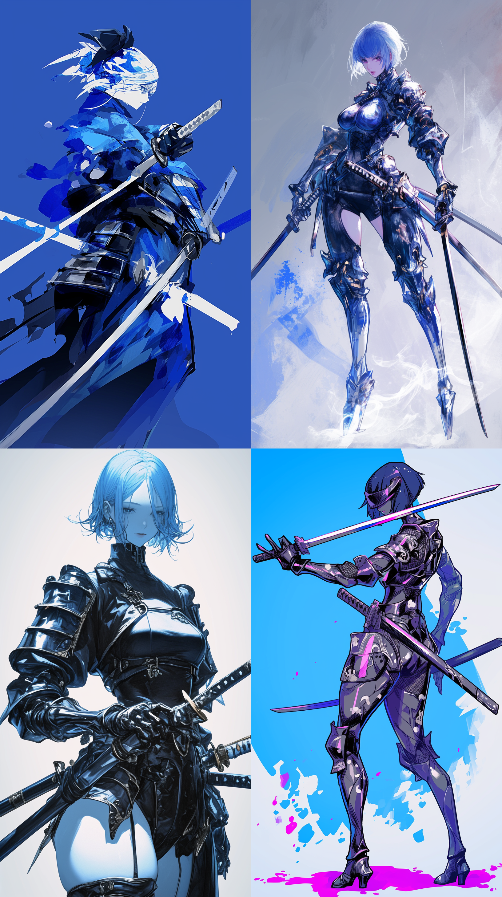 银青色武士铠甲女孩，精壮优美身材，青色短发，双持直太刀，出刀姿势，二次元漫画风格，高光处理，力量感，动态感，高对比度，锐利线条，低角度拍摄，超级细节。