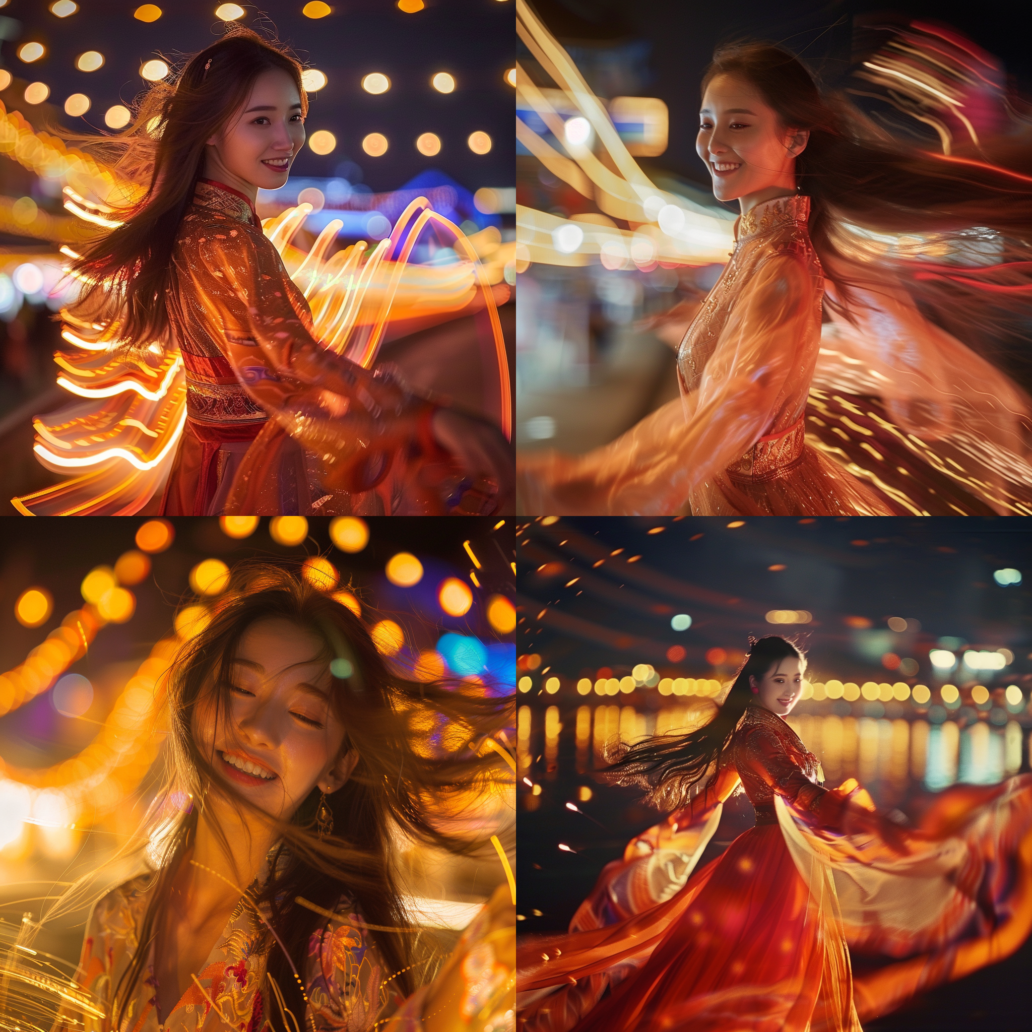 端午节美女，长曝光，动态模糊，东方元素，现代时尚，粽子元素，对角线构图，夜景，冷暖色调交错，广角镜头，侧光，飘逸长发，微笑，优雅动作。