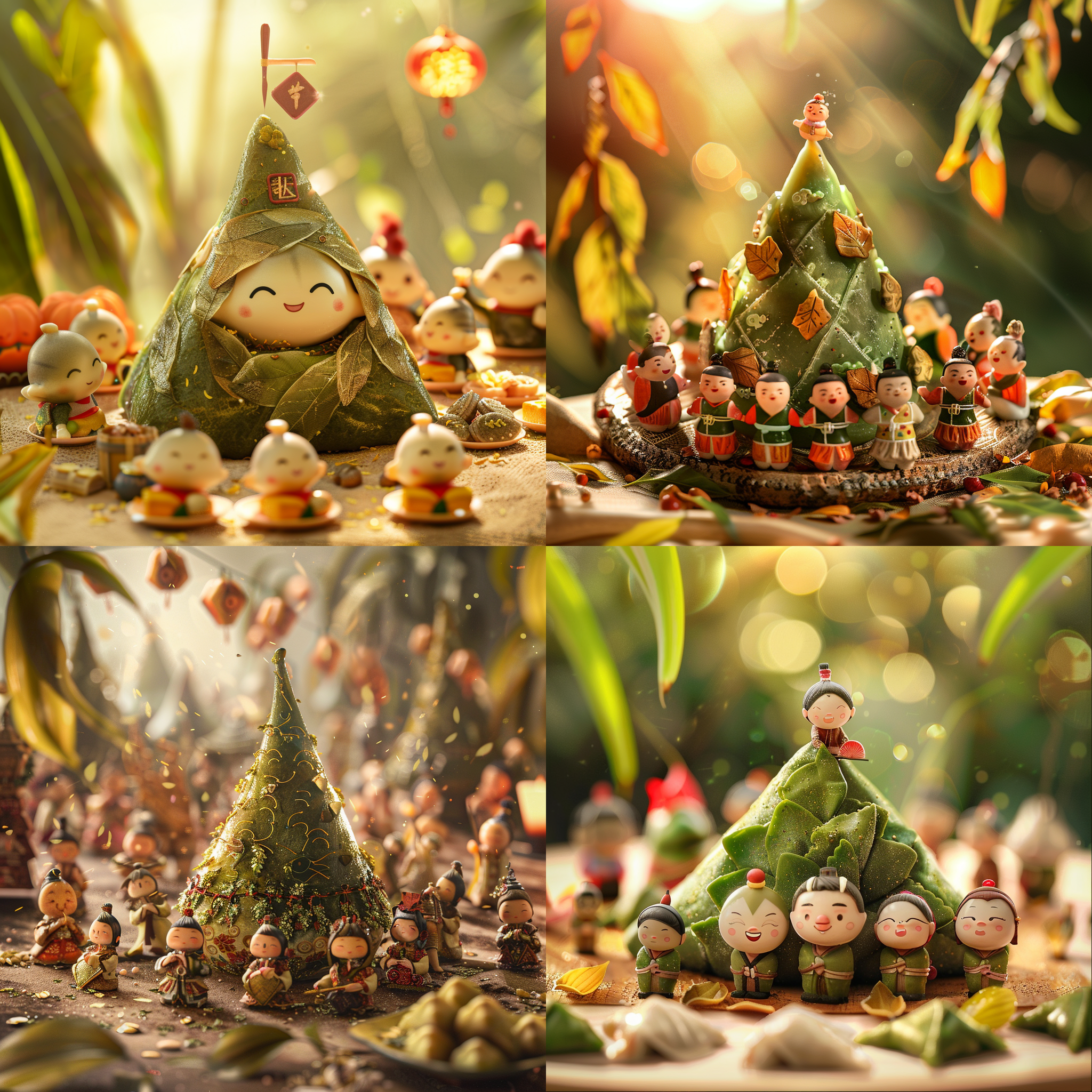 三角形粽子周围聚集众多小人，传统中国节日氛围，绿铜色调，焦点堆栈技术，叶纹装饰，明亮背景阳光照射，宏观拍摄角度，中远景距离，节日喜庆，人物表情欢快，细节丰富，色彩鲜明，氛围温馨。