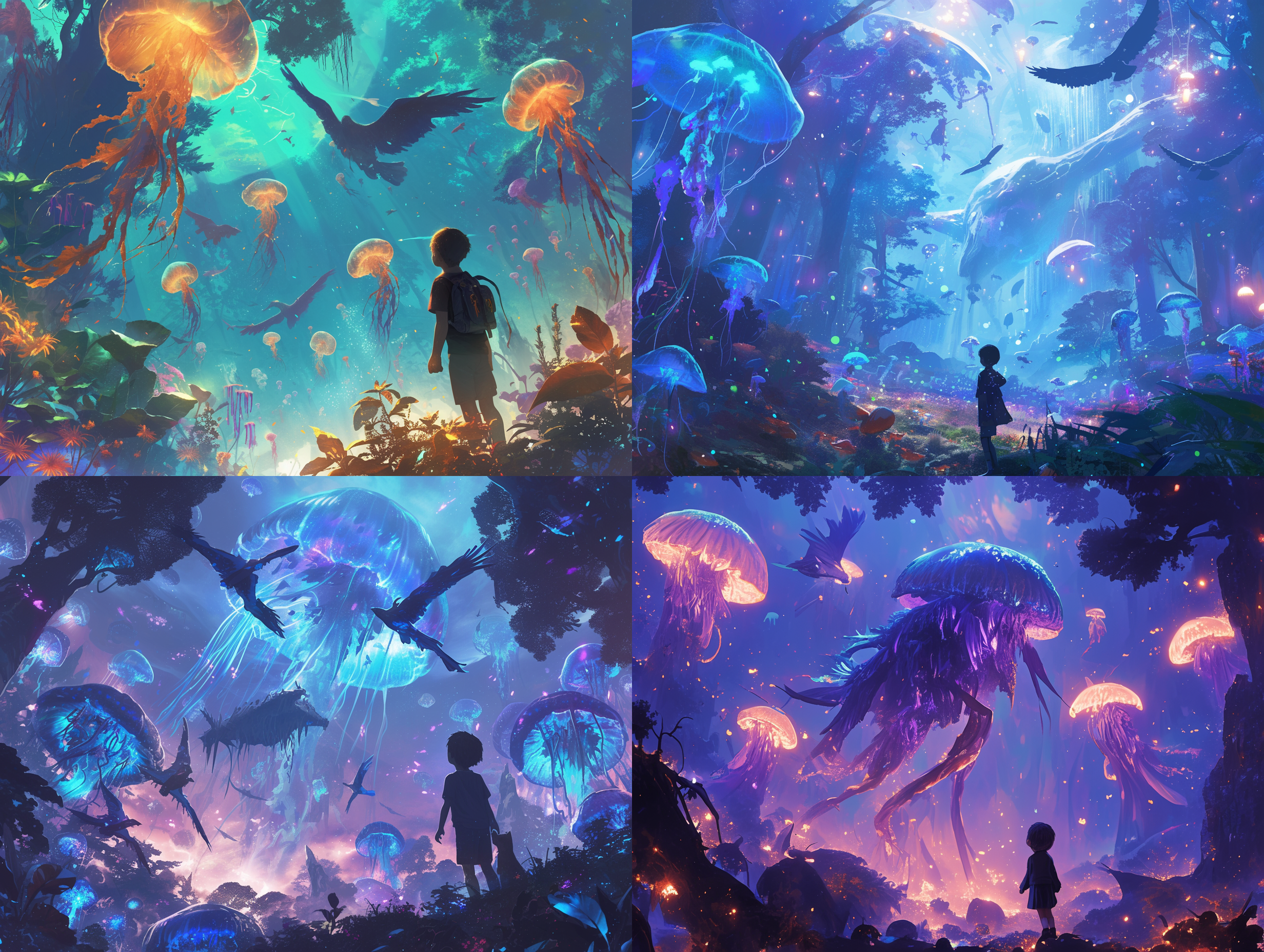 外星森林，小男孩仰视，水母花环绕，神秘飞禽翱翔，奇异生物潜行，魔幻光照，低角度拍摄，超现实风格，高饱和色彩，长曝光，动态模糊，神秘，惊奇。