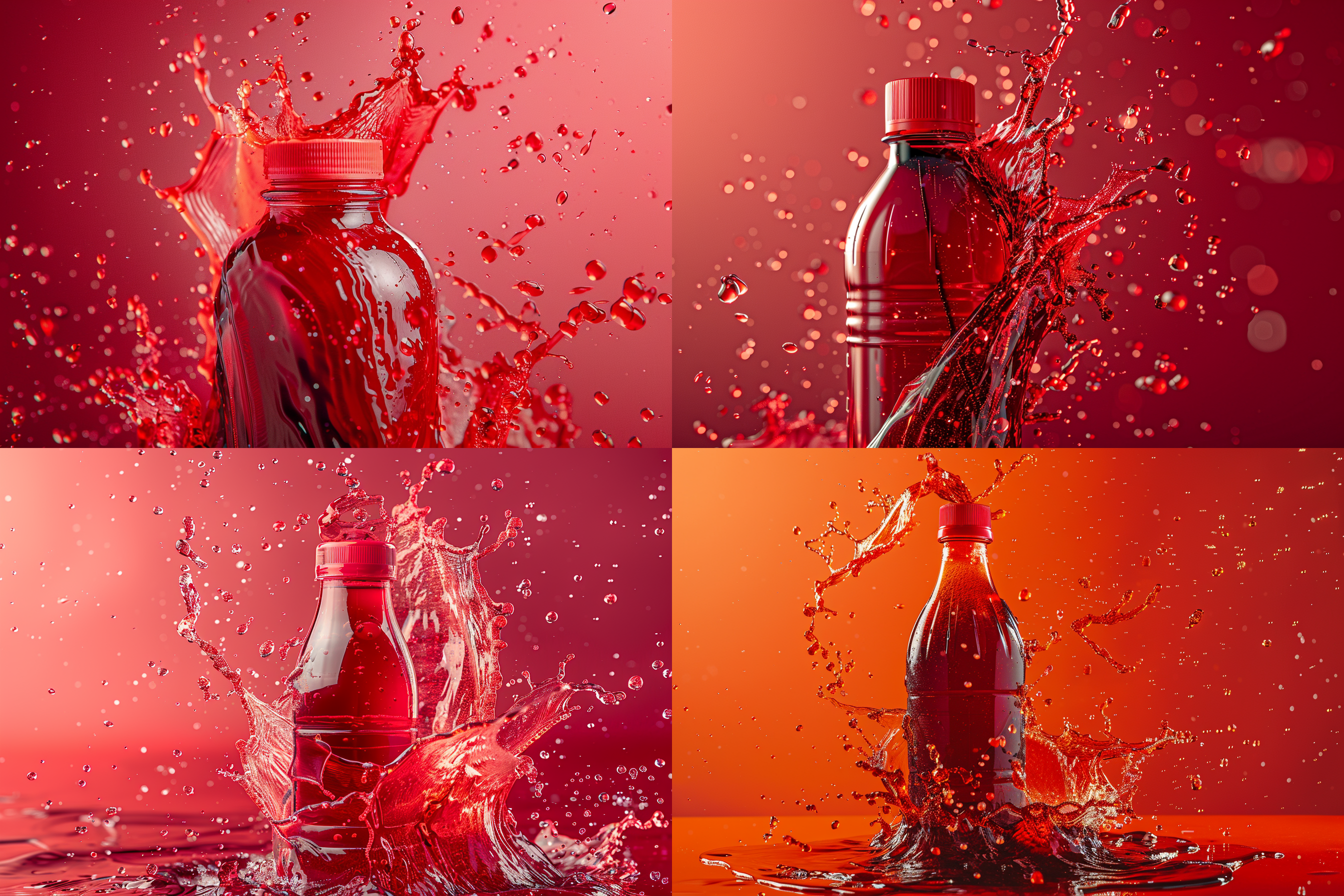 电商配图场景，透明塑料瓶装满深红色杨梅汁，杨梅汁飞溅，皮克斯风格，夸张形状色彩，高分辨率，动态捕捉，鲜艳色彩，景物拍摄，干净纯色背景，广角镜头，侧光，快速快门，活力四射。