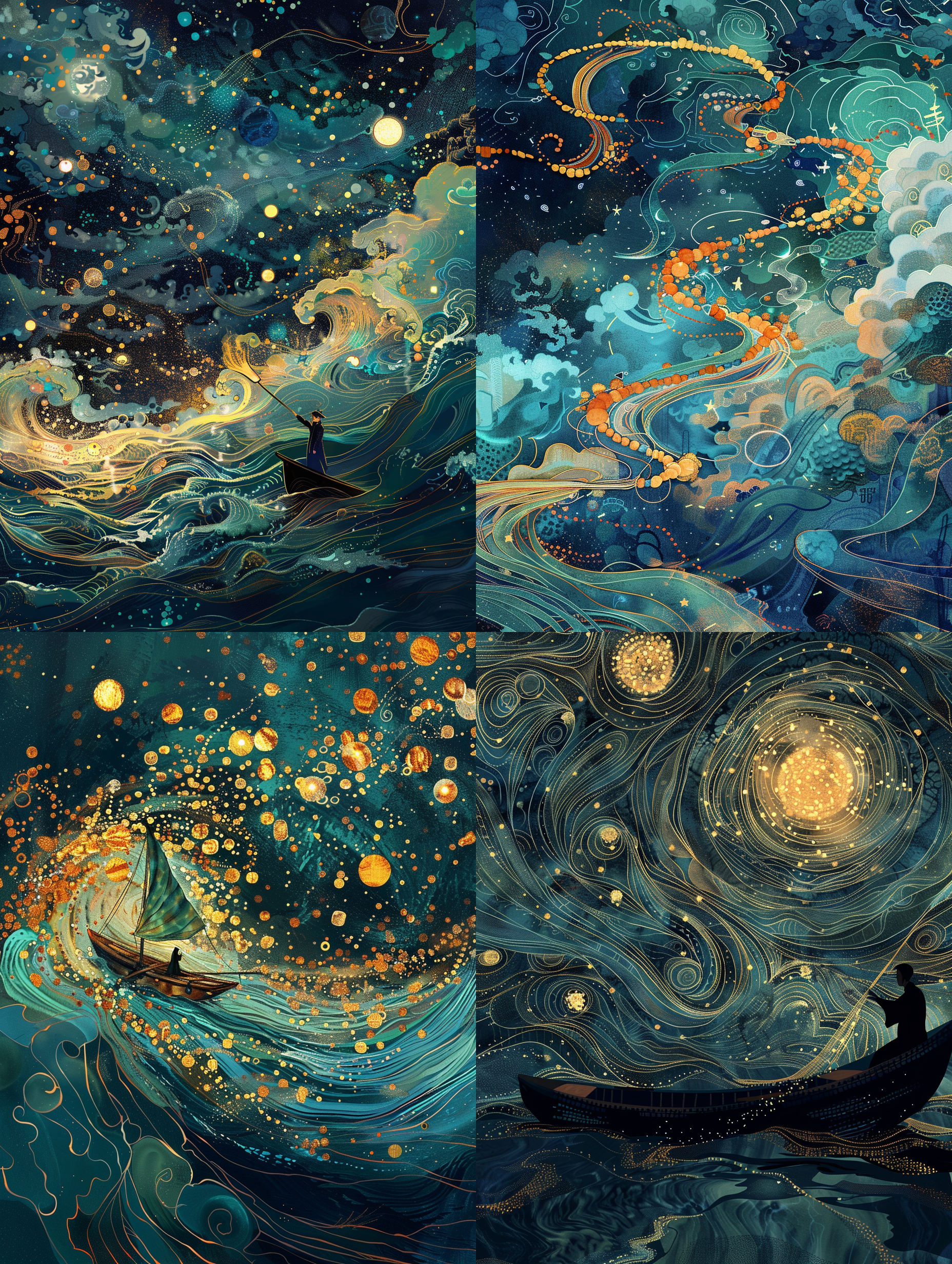 color curve, dots,victo ngai, van gogh, super hd, fine detail, shimizu, a beaded necklace floating in the sea, light and shadow, blue,vincent,van gogh, chinese wind, sky glow, stars fall into a dream, ultra high definition, fine details,