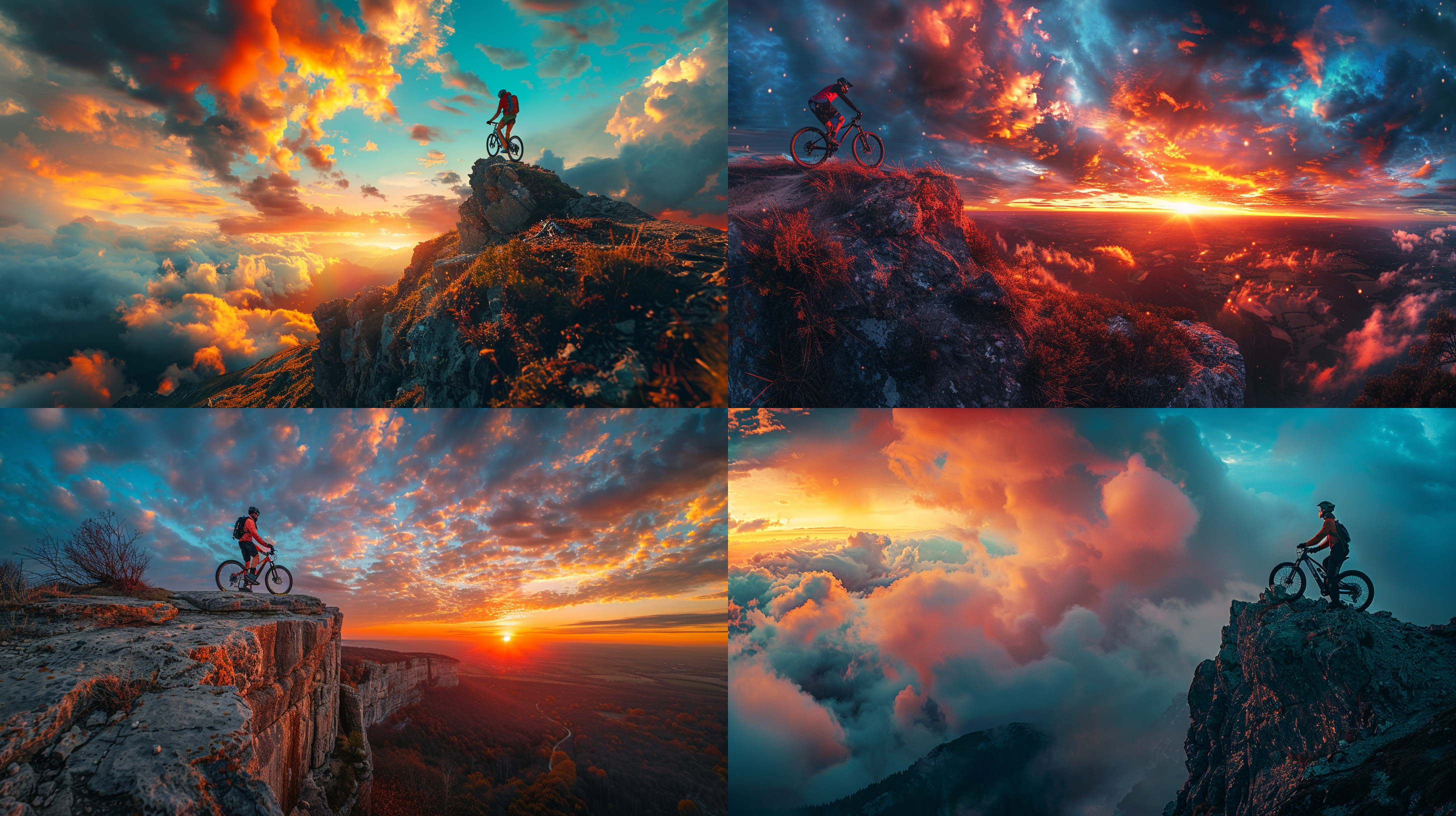 一个骑行者,和一辆山地车,在悬崖边，完美的细节，丰富的细节，真实的细节，背景是多彩的云层，真实的摄影，照片，全景，广角镜头，近距离拍摄，很强的视觉冲击力