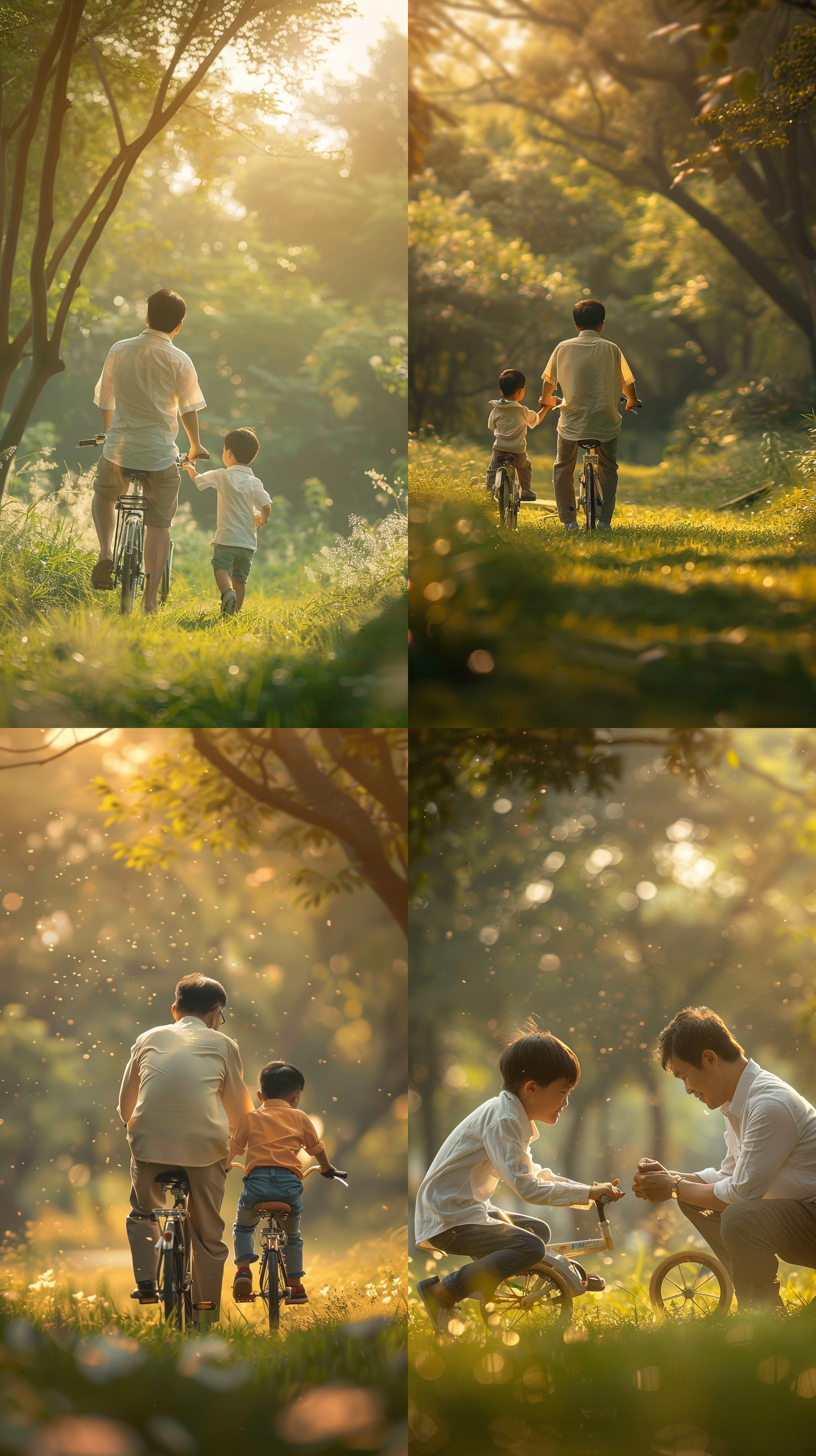 father's day poster of a chinese father teaching his five-year-old son to ride a bike on the grass, the back, not the face,soft light, warm atmosphere, expressing their love for each other, hd photography, depth of field