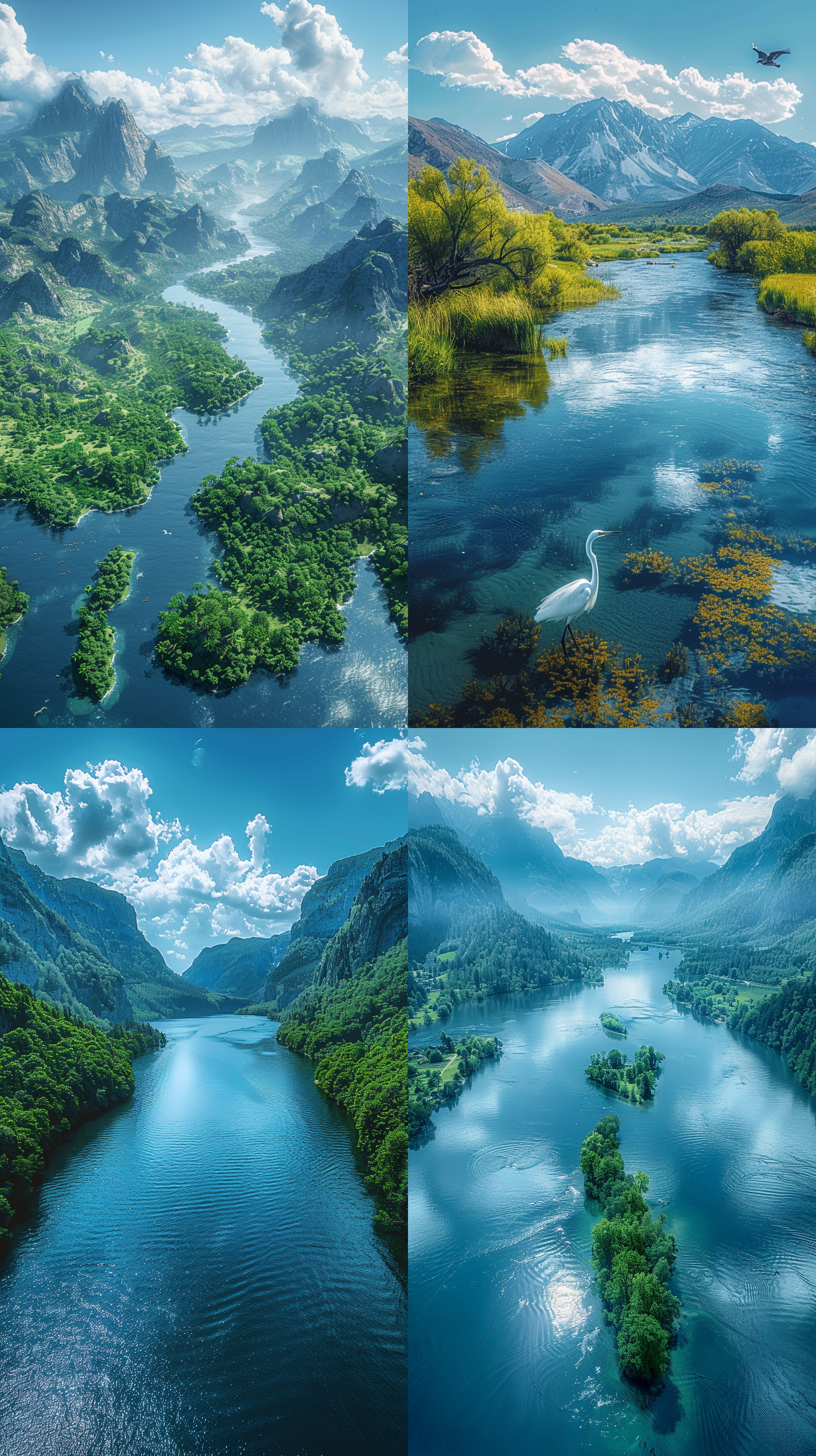 蓝天白云 壁纸 河流 山脉 树木 鸟 电影感 鸟瞰 大全景 ultra-detailed.hd16k