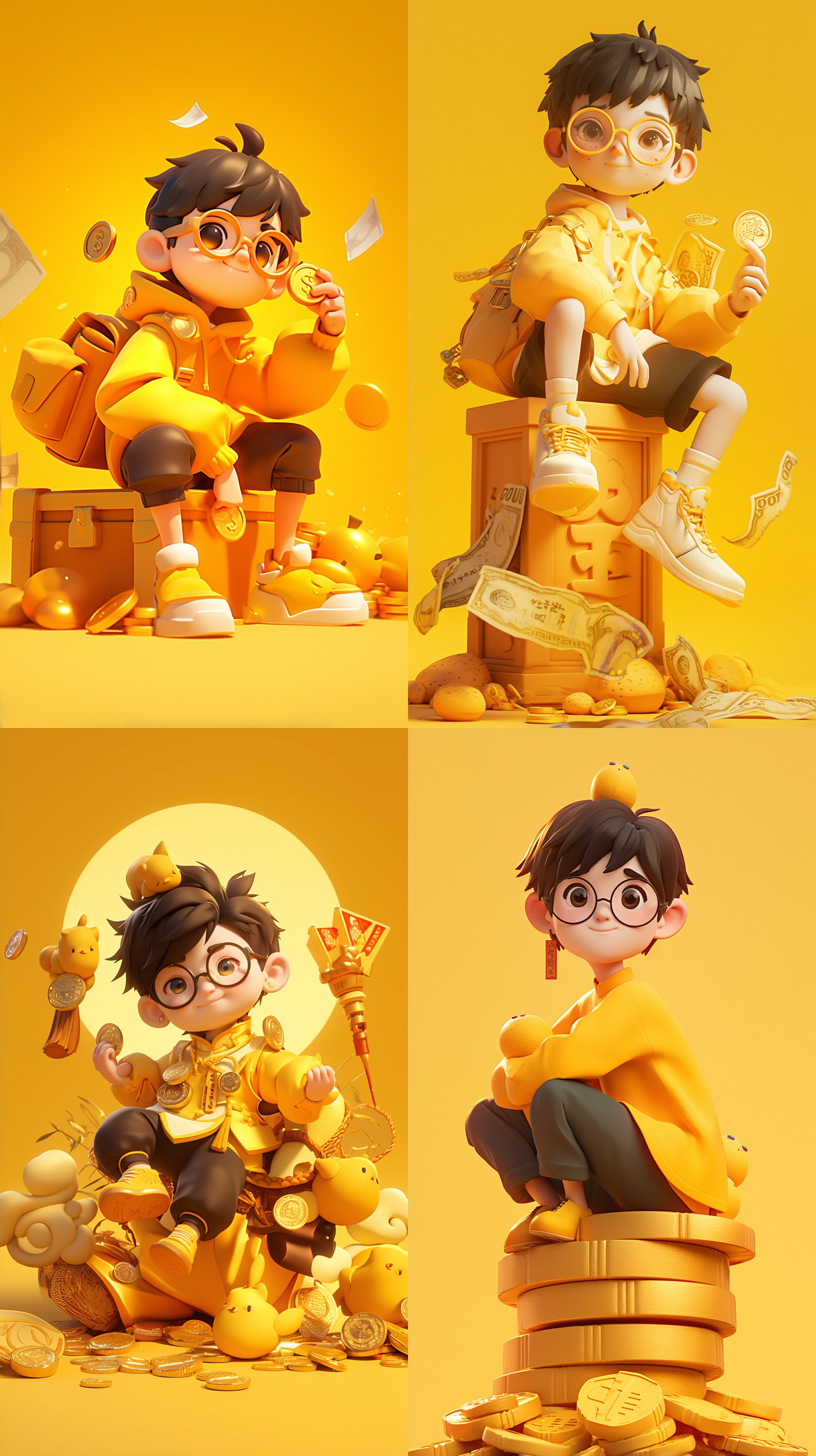黑色头发，黄色衣服，可爱的男孩，手里拿着金币，坐在巨大的人民币上，戴眼镜，黄色背景前，详细的角色设计，全身可见，卡通ip风格，动感十足。配色柔和，采用3d建模软件c4d制作，使用超高品质ultra hd 8k分辨率，水果元素, 卡通ip风格, 科技感, 水果蔬菜装饰, 水果武器, 视图, 3d建模, c4d, ultra hd 8k, 皮克斯动画.