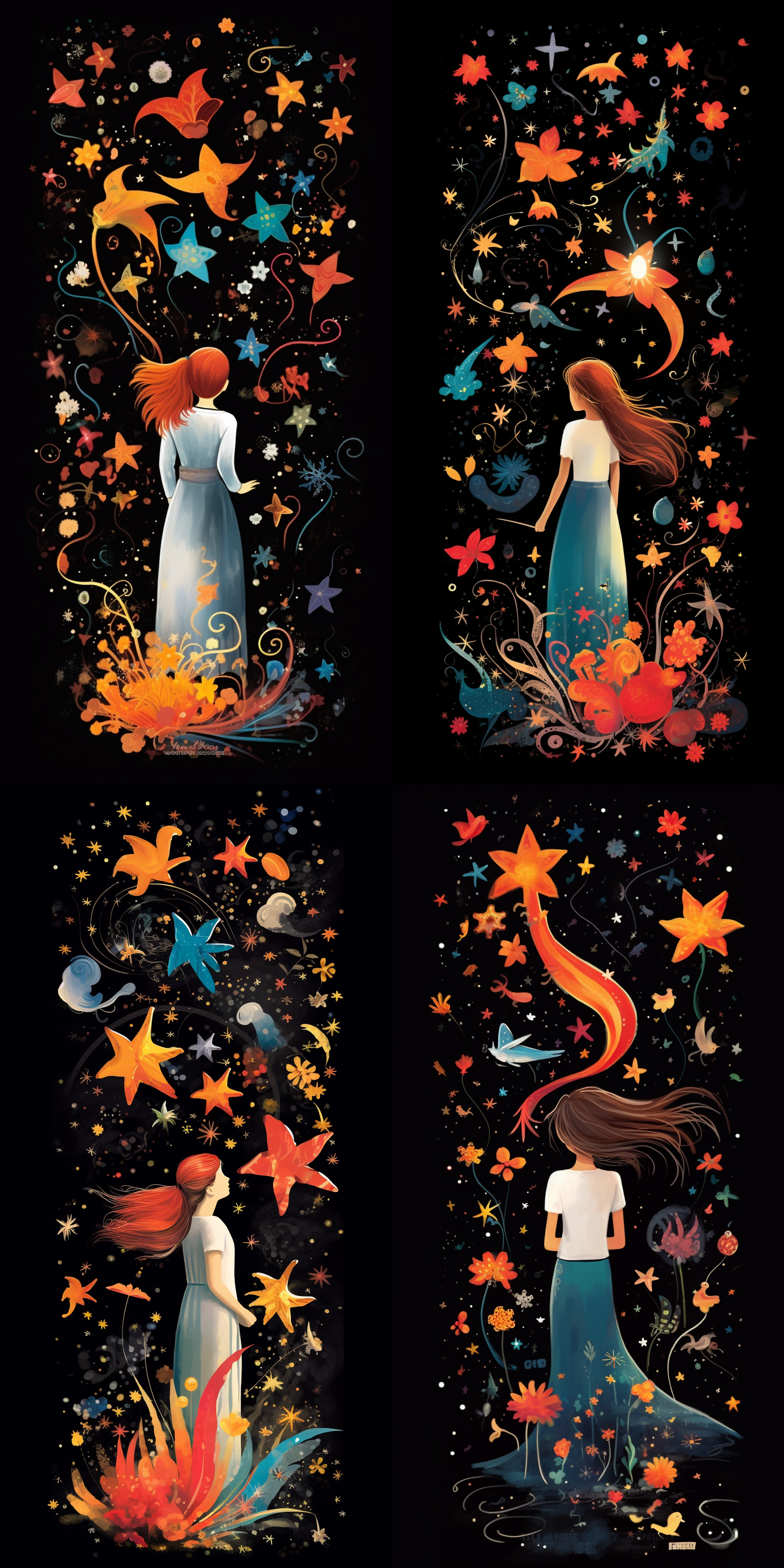 背身美少女，白色衬衣，蓝色牛仔裤，背手站立，画面下方，鲜花、贝壳、海星、海马、海母，画面上方，饱和构图，黑色背景，逼真细腻，色彩丰富，明暗分明，高对比度，浪漫温馨，欢乐神秘。