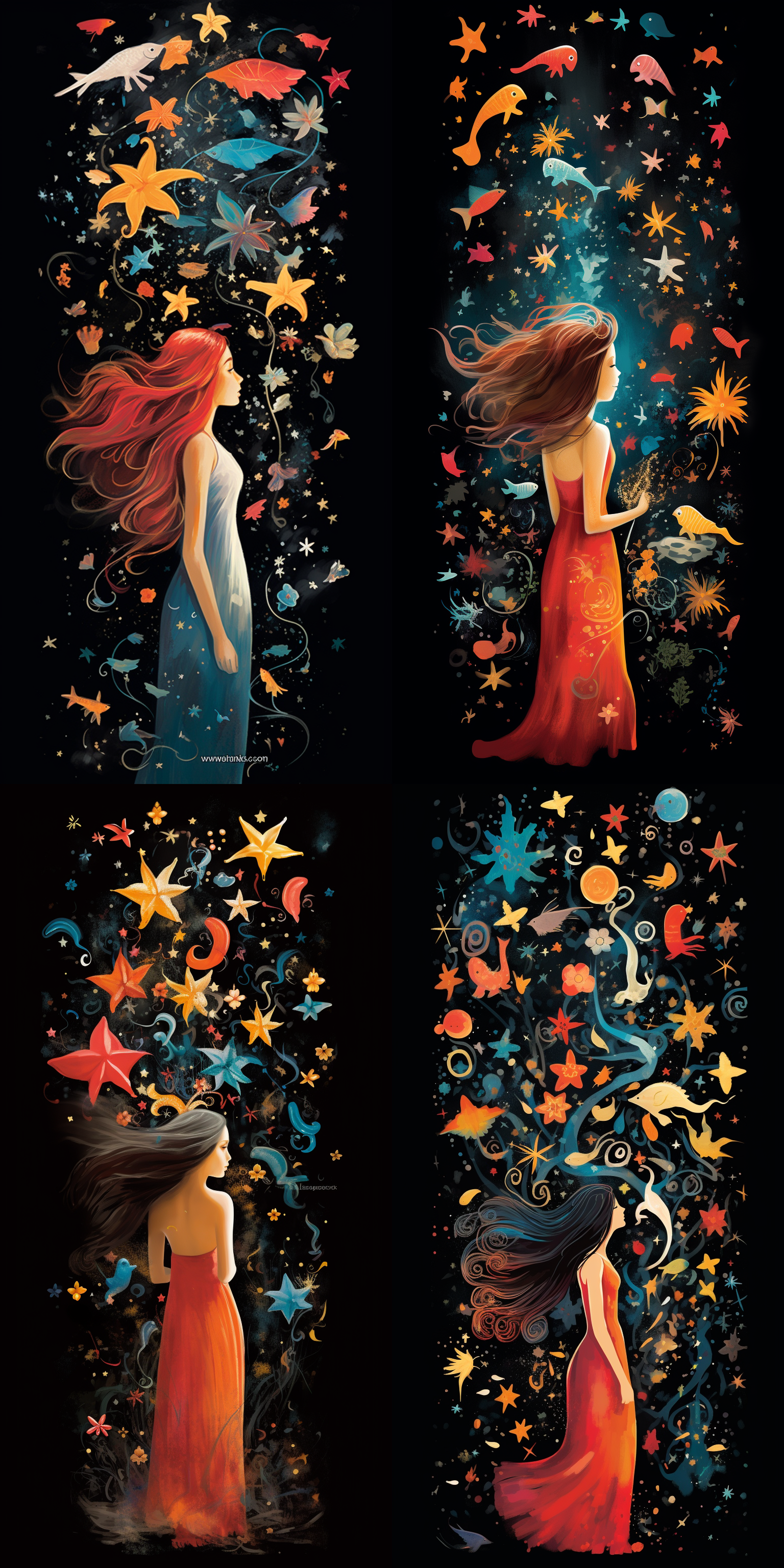 背身美少女，白色衬衣，蓝色牛仔裤，背手站立，画面下方，鲜花、贝壳、海星、海马、海母，画面上方，饱和构图，黑色背景，逼真细腻，色彩丰富，明暗分明，高对比度，浪漫温馨，欢乐神秘。