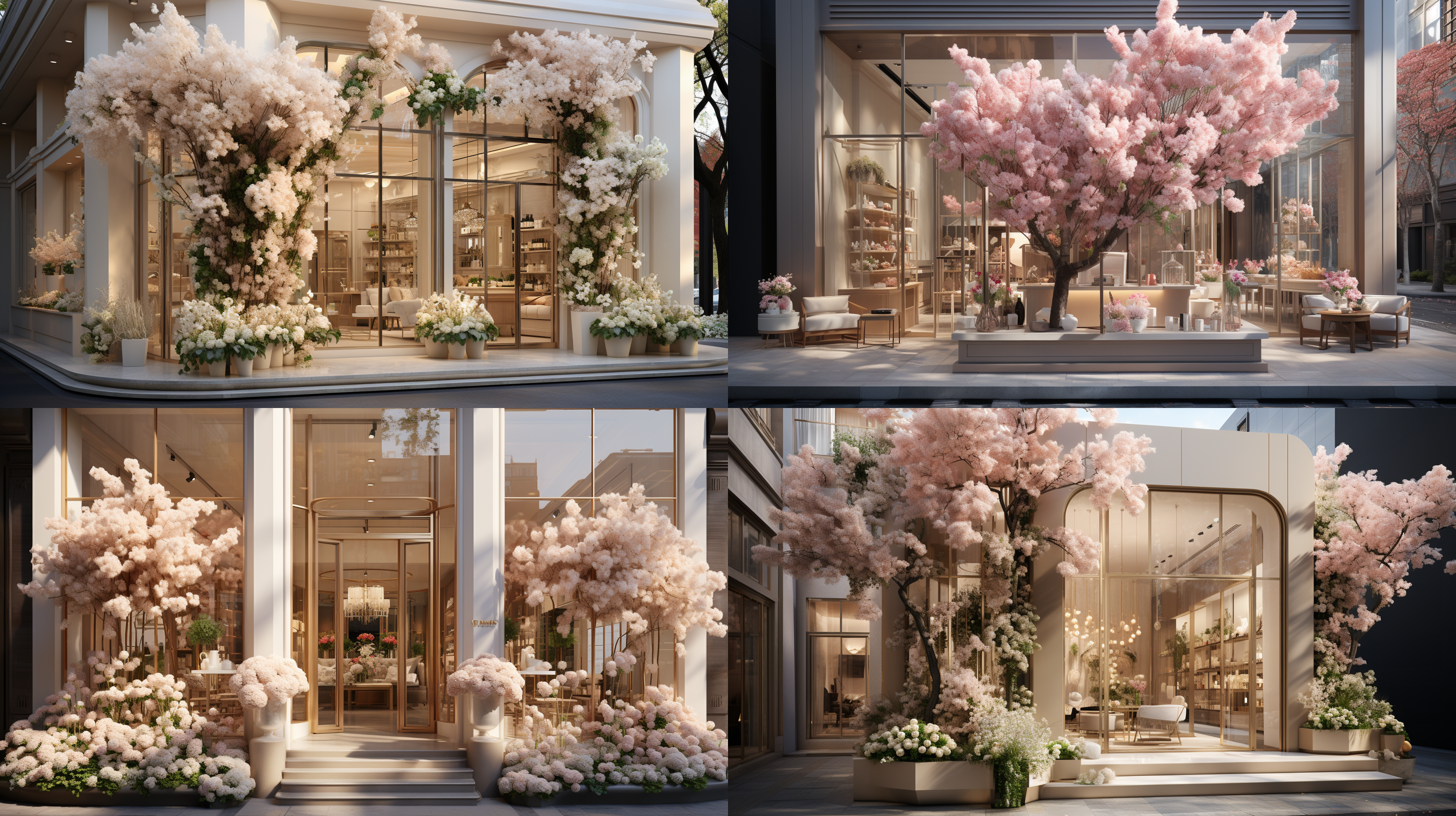 鲜花店外立面，现代简约风格，2.8米高4.6米宽，中性色调，时尚女性化，中央双玻璃门，垂直布局，自然光，柔和照明，细节精致，色彩和谐，优雅氛围。