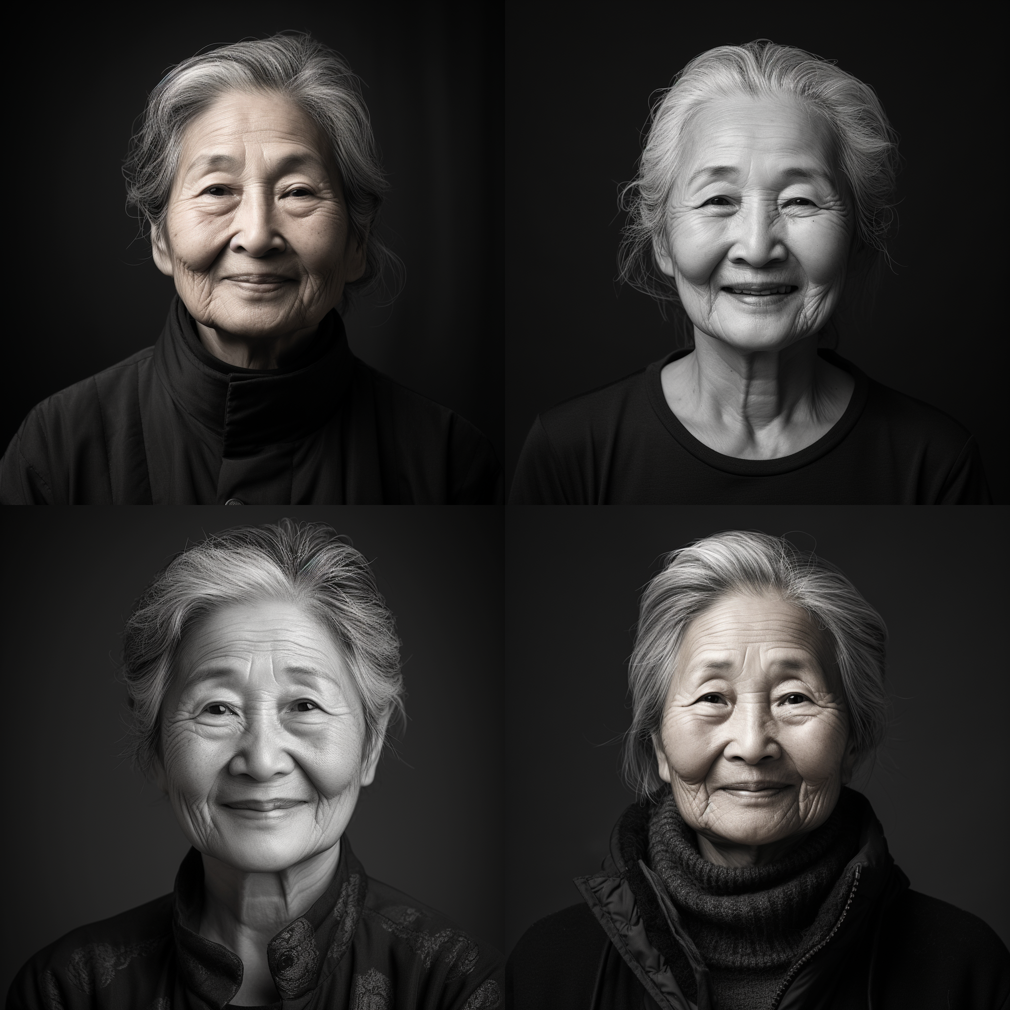 中国老太，70岁，花白头发，慈祥微笑，证件照风格，黑白写实，4k分辨率，正面光，柔和阴影，细节丰富，背景简洁。