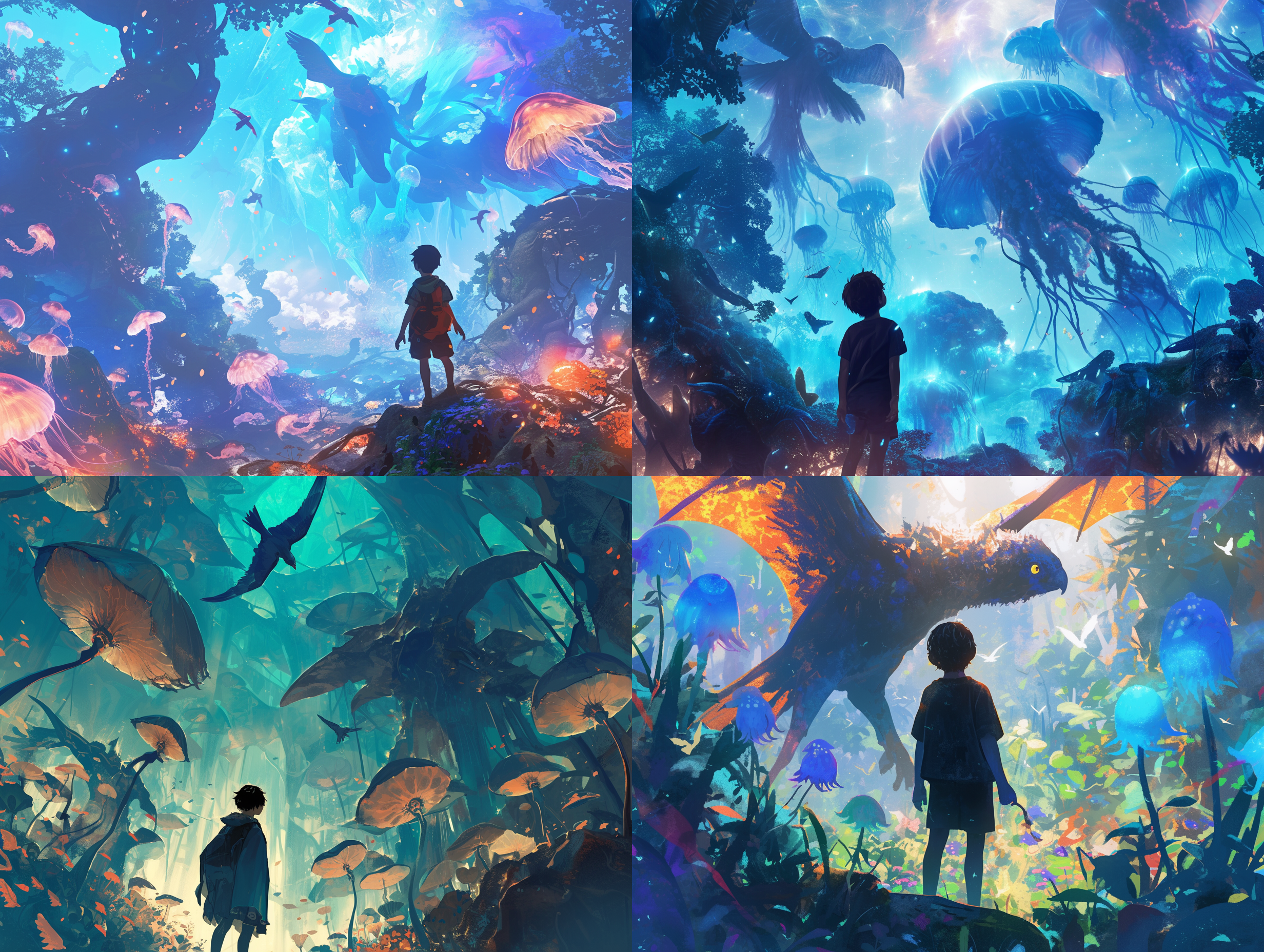 外星森林，小男孩仰视，水母花环绕，神秘飞禽翱翔，奇异生物潜行，魔幻光照，低角度拍摄，超现实风格，高饱和色彩，长曝光，动态模糊，神秘，惊奇。