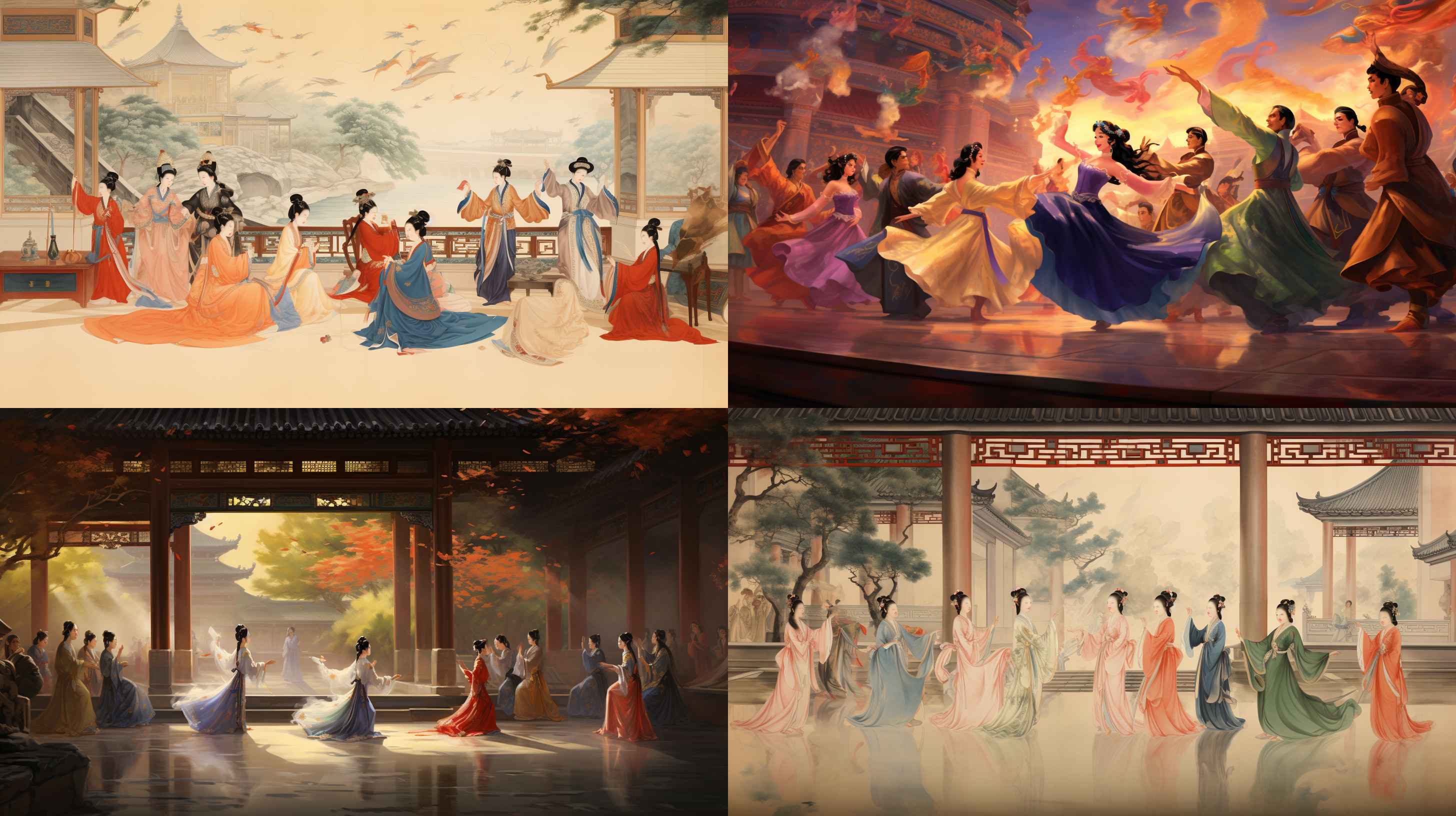 宫廷中八位妙龄美女跳胡旋舞，文武大臣两侧观赏，华丽宫殿背景，长裙飘逸，舞姿优雅，广角镜头，低角度拍摄，柔和光线，鲜艳色彩，动态捕捉，欢快氛围。