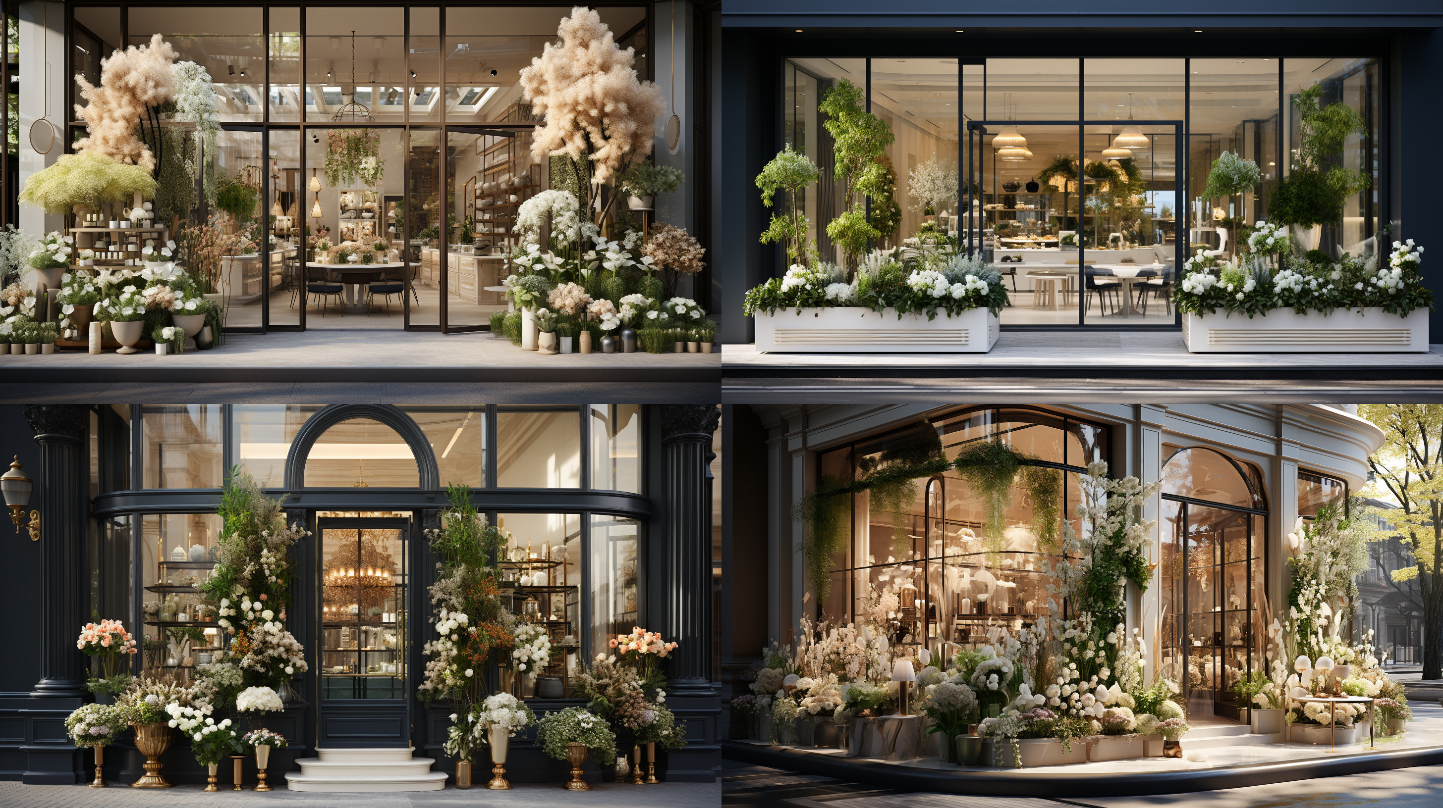 鲜花店外立面，2.8米高4.6米宽，玻璃与白墙结合，黑色玻璃边框，现代简约风格，中间两扇玻璃门，两侧墙体有造型橱窗，中性色调，时尚感，正立面拍摄，自然光，清晰细节，平衡构图。