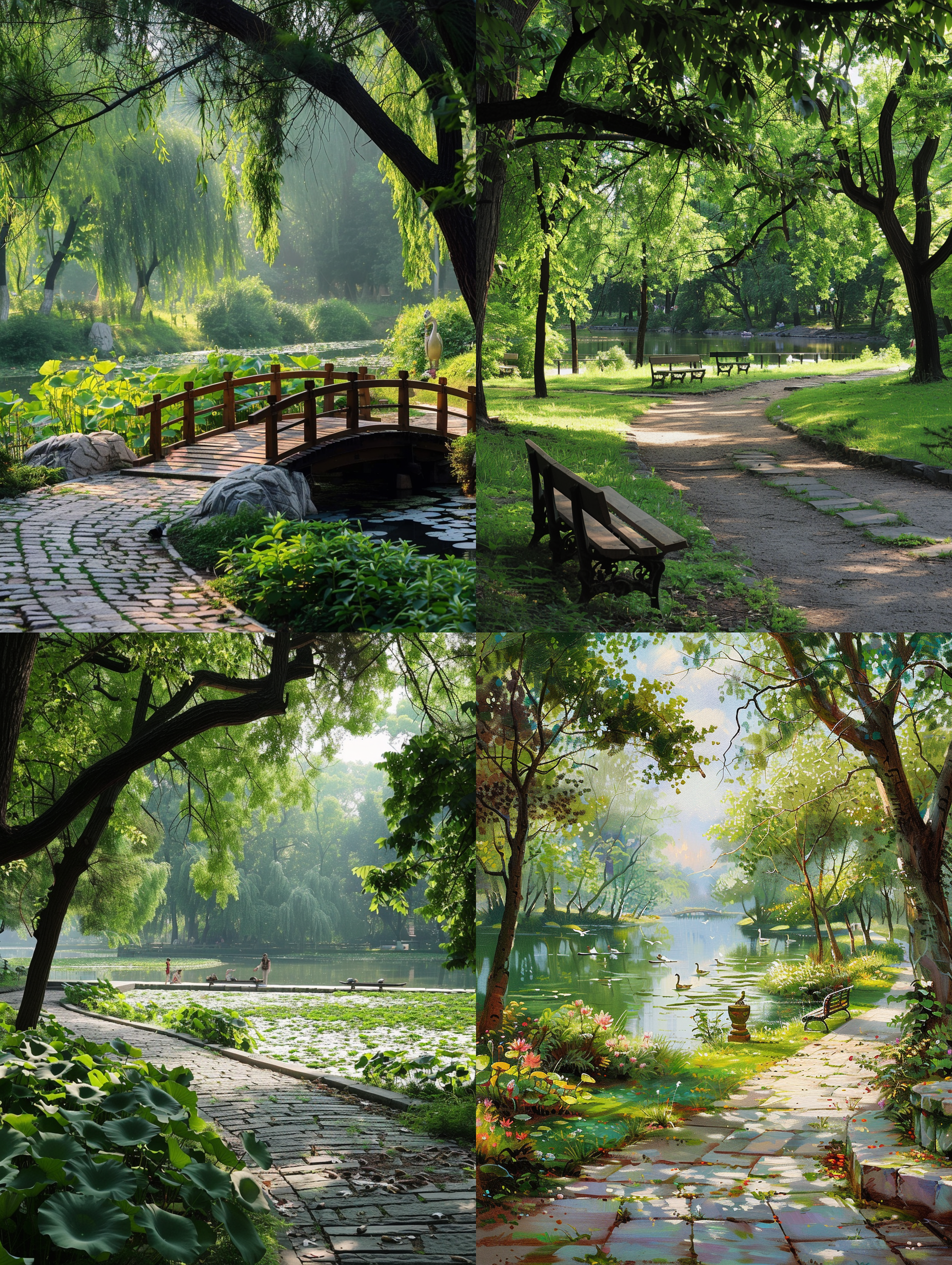 夏日公园的关键词集可以总结为：阳光、绿树、草地、清凉、荷花、小鸭子、游船、欢声笑语、家庭野餐、休闲长椅、石径、儿童游乐、滑板、清新空气、避暑、花卉盛开、自然美景、摄影、恋爱氛围、晨练、夏日活动。这些关键词覆盖了夏日公园的自然环境、活动、氛围以及人们的休闲娱乐场景。